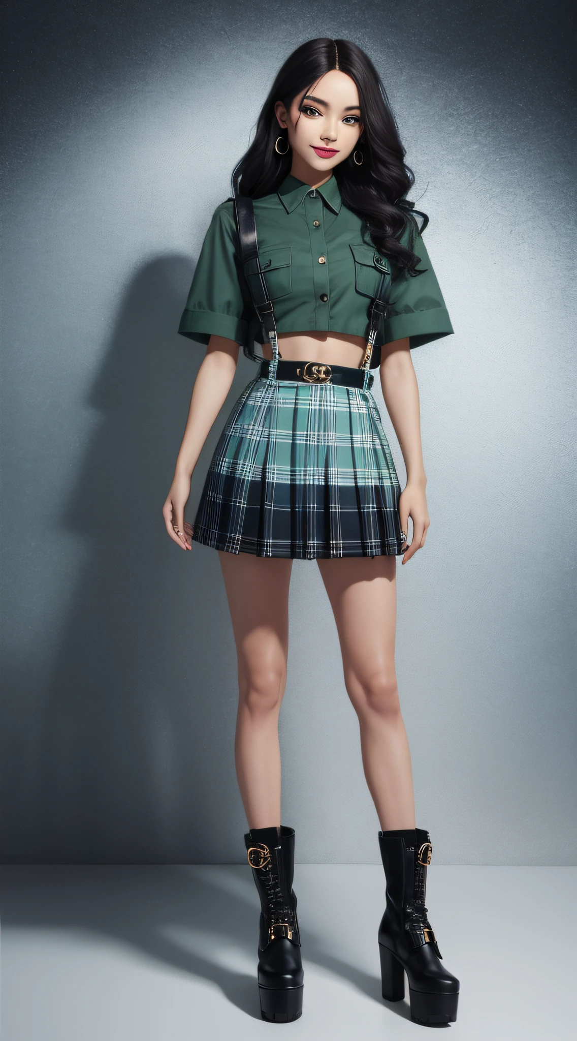 Barbie doll platic , ((full body)), beautiful face, perfect face, long hair wavy, smile, Plaid pleated mini skirt (color blue and green) white shirt, leather crop top, suspenders, black leather boots by versace style, lime color, fashion, extremely high quality, high details, 8k, 64k, clear black background, versace text, gucci shoes, ,perfect eyes, perfect makeup, model pose, perfect photo