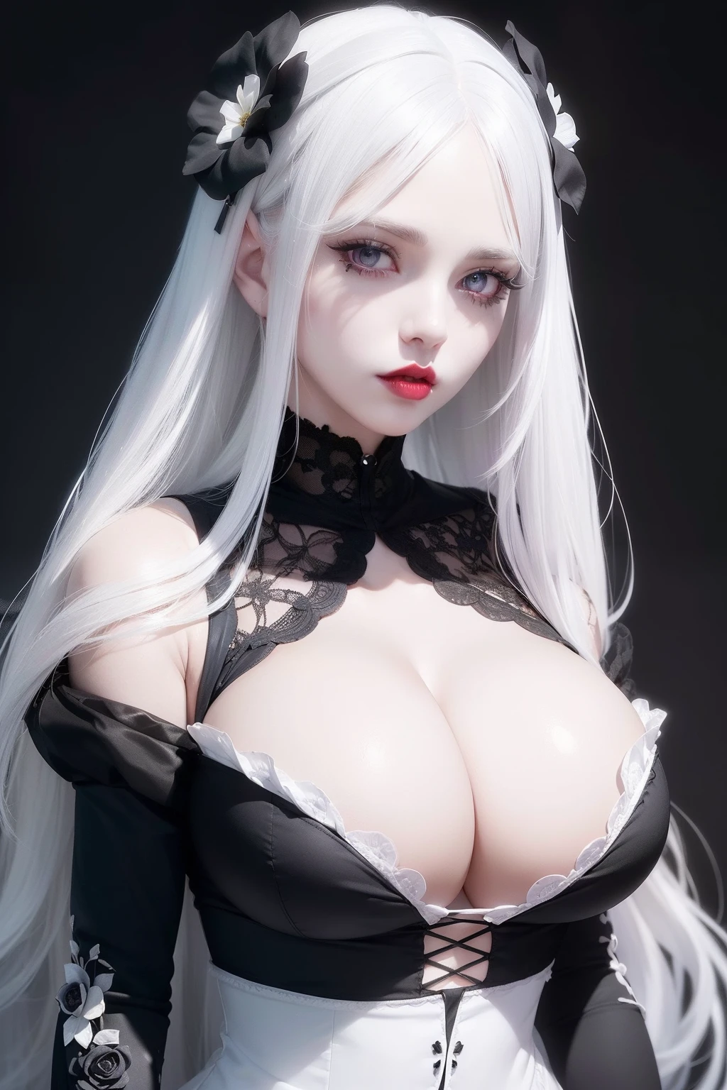 Perfect beauty face, cleavage cutout, big boobs (((Bloodbourne aesthetic))) face to waist ((beauty shape)) of anime beauty girl, photorealistic ((long realistic white hair, black flower hair clip)), realistic skin ((((high detailed skin)))), red lips, in realist white and violetdoll dress, 4K, UHD