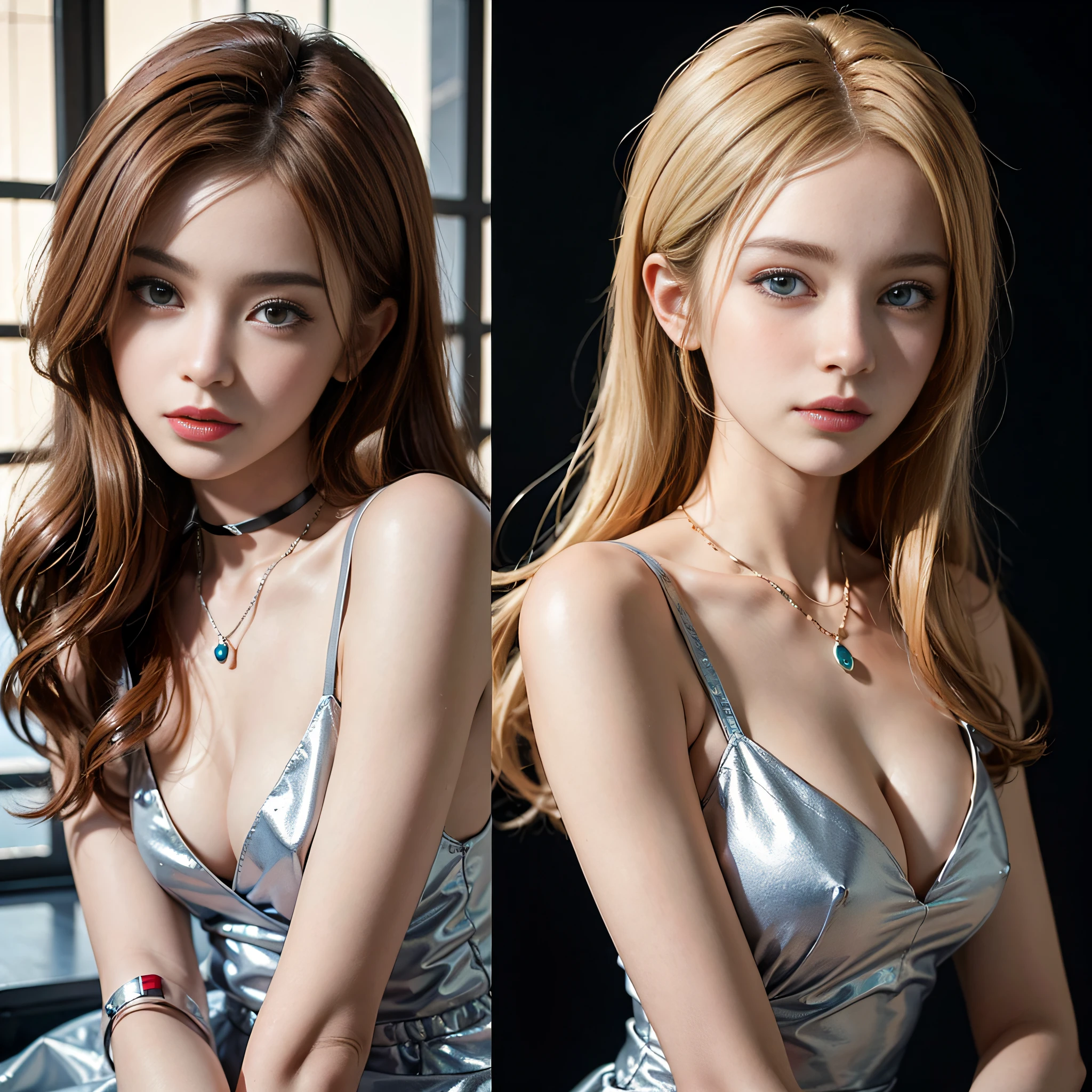 ((masterpiece:1.4)、(top-quality:1.4)、(reallistic:1.7))、Super beautiful girl、((1girl in:1.4))、Shiny natural skin texture、Photorealistic beautiful face、((Extreme beauty portrait photography))、age19、realistic shaded perfect face、Ultra realistic digital paint beautiful girl、(mandy jurgens:1.4)、Upper body photography、Close-up photos、(Two arms:1.4、Two legs:1.4)、(perfect anatomia:1.4)、perfect hand、Soft front light、beautiful countenance、kawaii faces、Beautiful udder、blue eyess、A detailed eye、Draw eyes clearly and beautifully、beautidful eyes、Narrow waist、Raw photo、Shallow depth of field、red-lips、((Natural bright blonde hair))、a choker、a necklace、耳Nipple Ring、1 screen display、细致背景