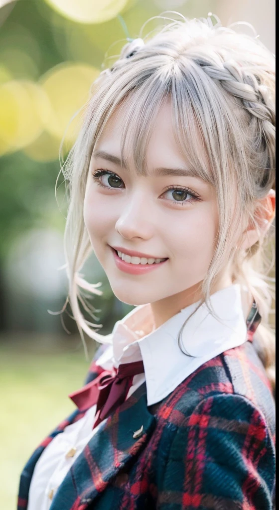 (ultra-detailliert), Tartan check jacket,high-school uniform、Blue eyes,The upper part of the body、a closeup、faces、(A smile:1.5),(facing front:1.2), 20yr old, teens girl,no tail,(no tail),2D, ​masterpiece, top-quality, animesque, A detailed eye, A detailed face, girl with, Only 1 person,Silver medium hair, (Silvery head hair),  Ear Hair, small tits, Single braid, (Single braid), (Side braid), Pink ribbon, Ribbon around the neck, Background bokeh