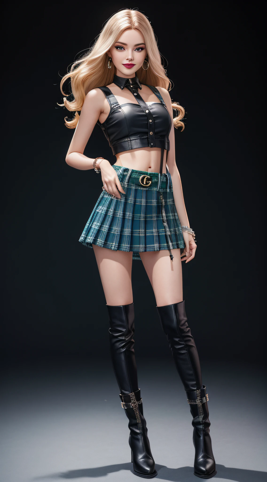 Barbie doll platic , ((full body)), beautiful face, perfect face, long hair wavy, smile, Plaid pleated mini skirt (color blue and green) white shirt, leather crop top, suspenders, black leather boots by versace style, lime color, fashion, extremely high quality, high details, 8k, 64k, clear black background, versace text, gucci shoes, ,perfect eyes, perfect makeup, model pose, perfect photo