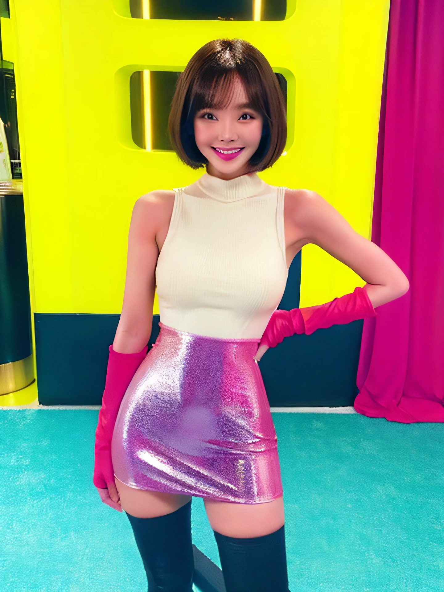 Enamel Bodycon、Bodysuits、stockings、Bob Cut Hair、Long body、Panchira、Kick-up pose、a miniskirt、Full smile