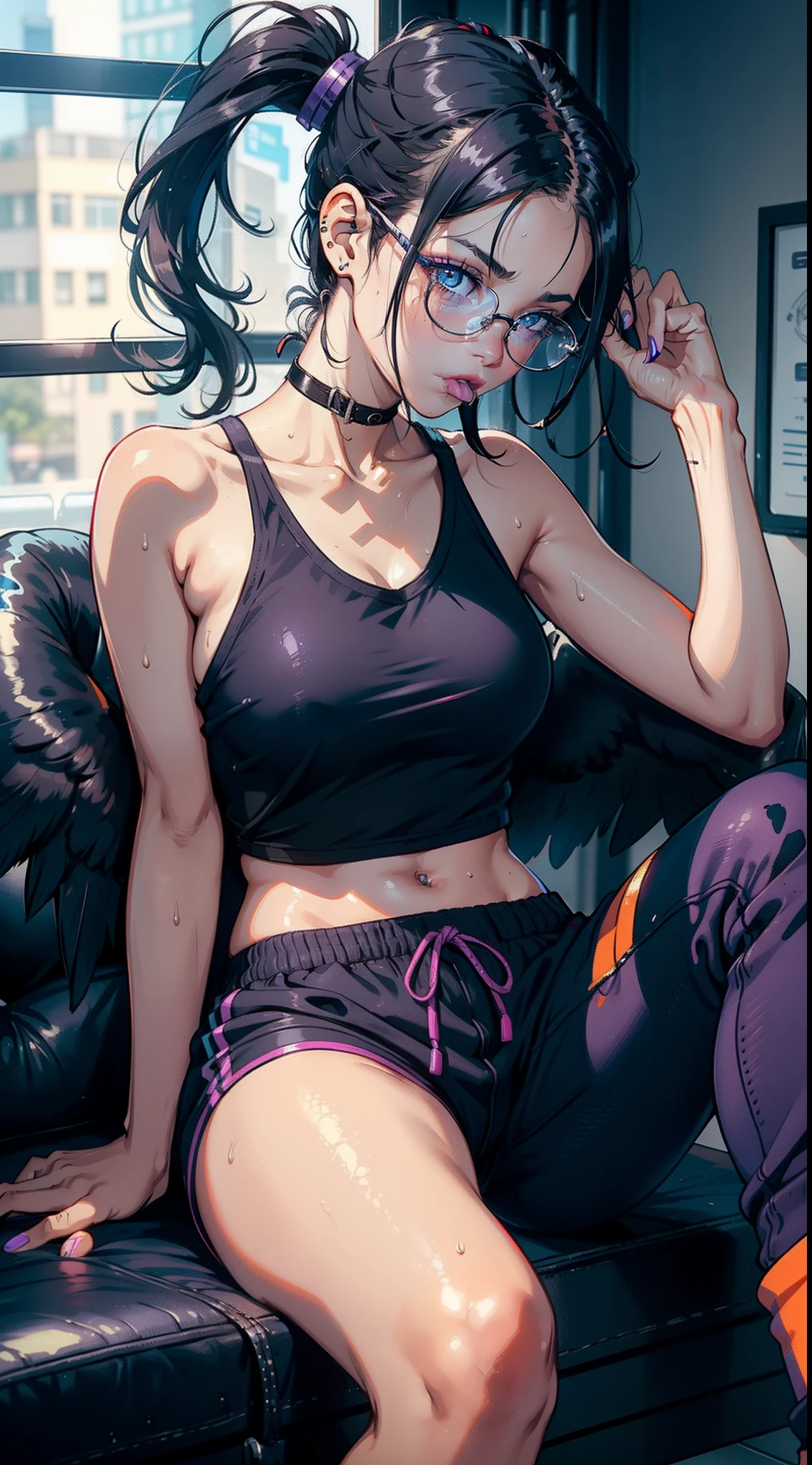 A 19 years old girl, medium ponytail black hair, blue eyes snake type, wearing medical glasses, wearing an orange short porter and sweat pants, She sticks her tongue out, purple lipstick, a big wings