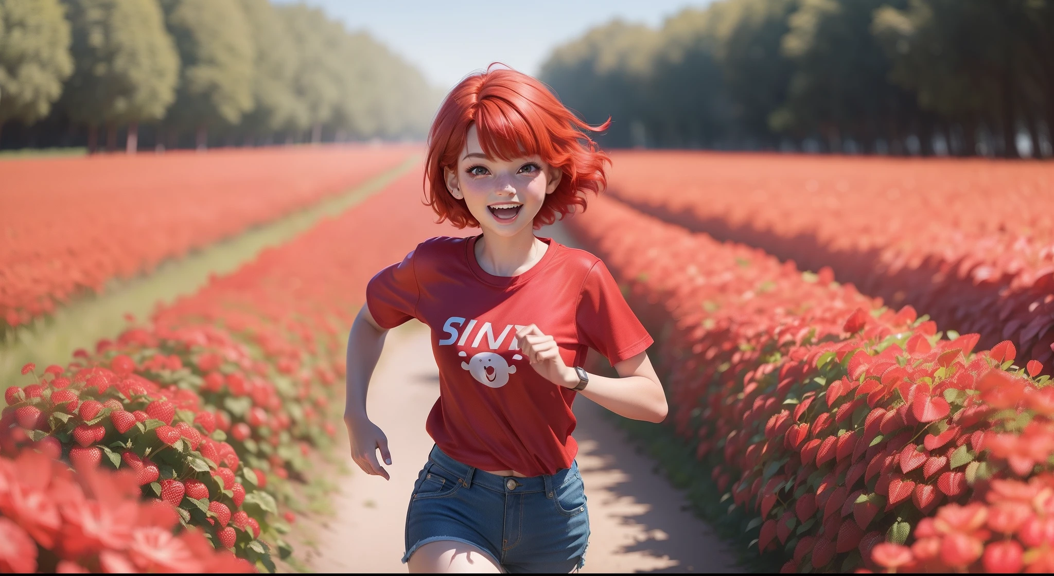 (ung girl+fringe+red hair+short hair:red hair:1.2+red eyes:1.1+red clothes:1.1+red shirt:1.1)beautiful face, happy expression,running in a strawberry field, Disney Pixar cartoon style.