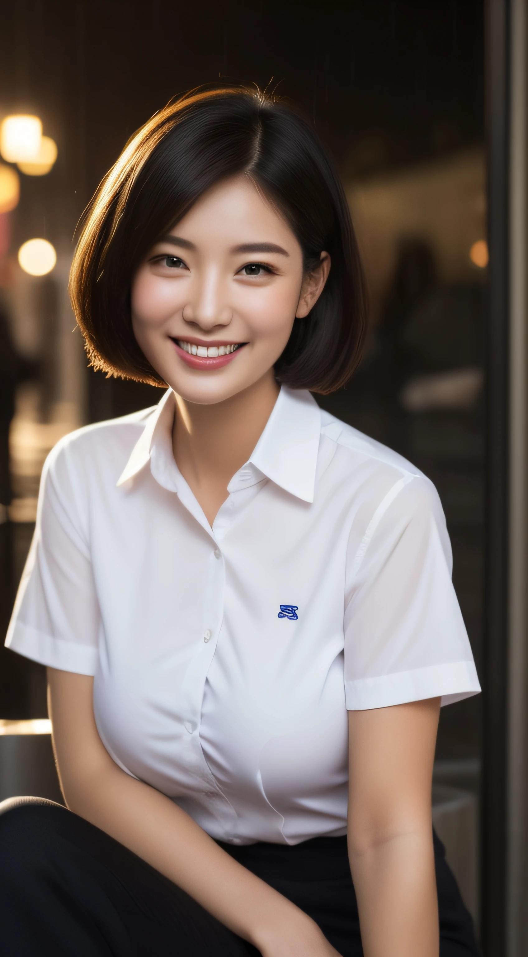 (8k、bestquality、master masterpiece:1.2)、(real、photo-realistic:1.37)、Super detailed、1 girl、pitiable、One person、Beautiful detailed sky、Detailed Cafe、night、Sitting、date、(Nasal blush)、 (smiling face:1.15),(close mouth)、(Big tits:1.3)、,Beautiful fineness,(Collared shirt:1.1),night,Wet,Business Wear,rainy,White lace,(short hair:1.2)