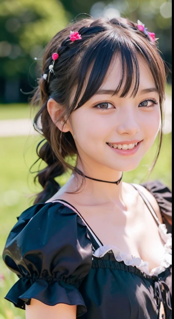 (ultra-detailliert), Cute princess dresses in black color,(frilly dress),(shortsleeves),Blue eyes,The upper part of the body、a closeup、faces、(A smile:1.5),(facing front:1.2), 20yr old, teens girl,no tail,(no tail),2D, ​masterpiece, top-quality, animesque, A detailed eye, A detailed face, girl with, Only 1 person,Brown Hair Medium Hair, (Brown hair),  Ear Hair, small tits, Single braid, (Single braid), (Side braid), Pink ribbon, Ribbon around the neck, (White sleeves), Background bokeh