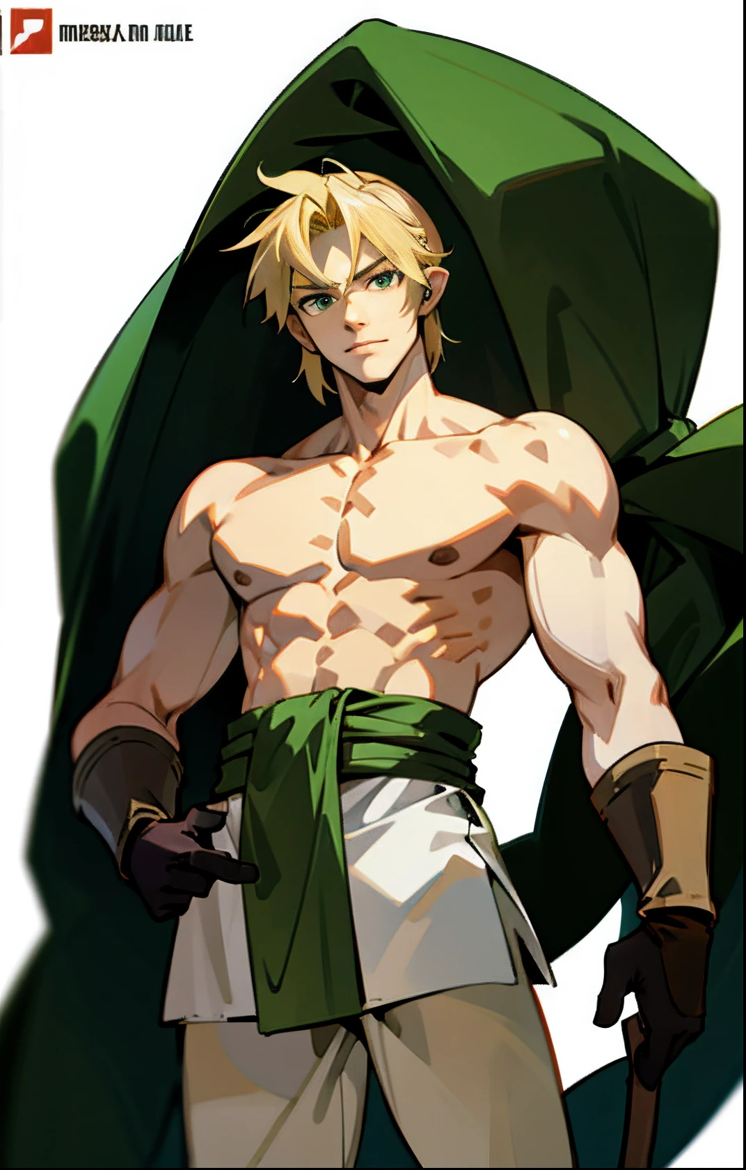 blond, tall, green-eyed guy, viking style, russian hero style, strong,  anime style, anime  , link, gloves, standing, topless , (muscular:0.5)(from above:0.1),(sport:0.2), (plain simple white background:1.4),(smiling:0.4)