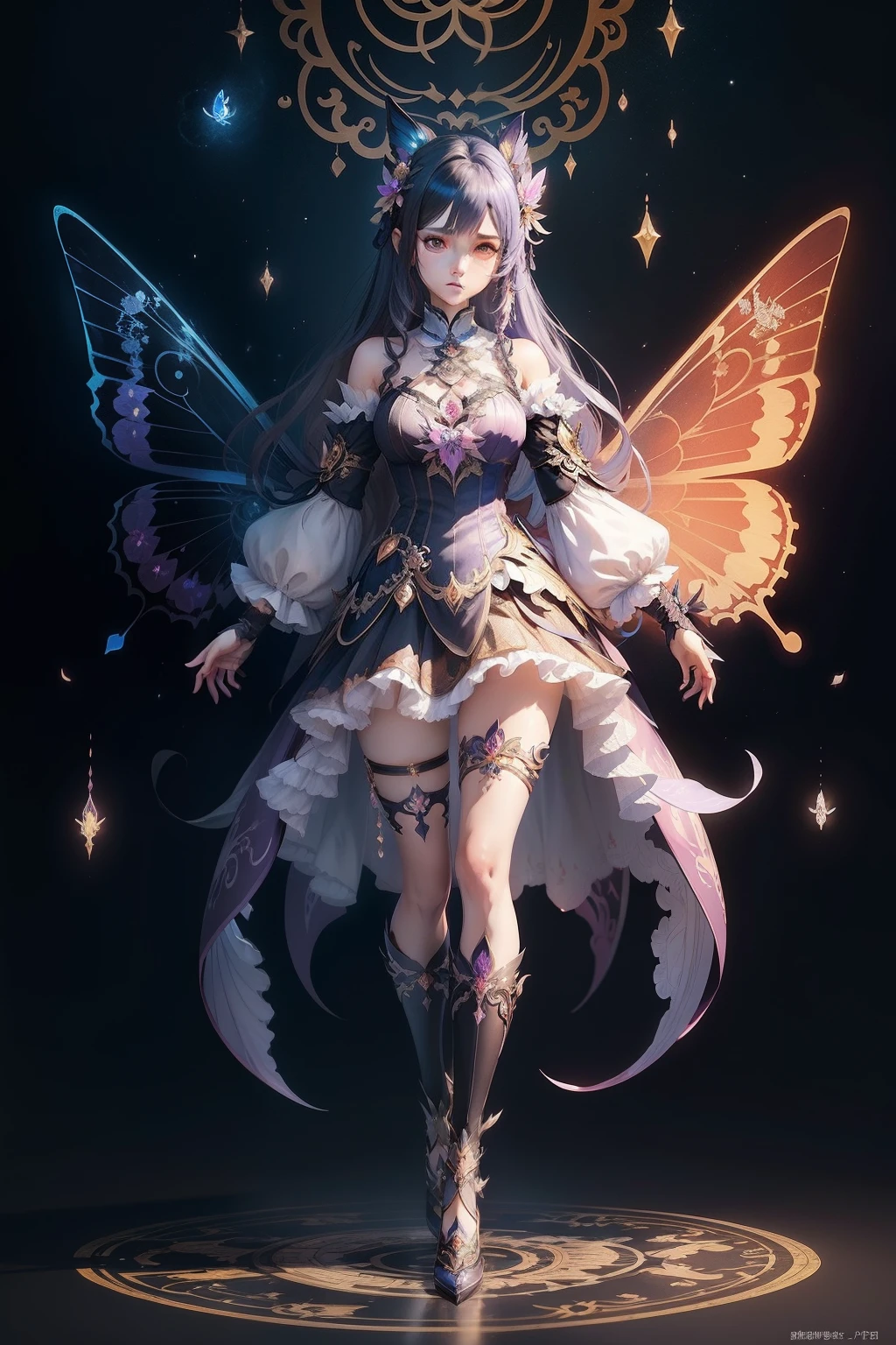 Alpha image of a woman with butterfly wings and dress, a detailed drawing by Shitao, Pisif, conceptual art, shadowverse character concept, style of magical girl, full-body xianxia, Shoujo manga character design, lunar themed attire, anime full body illustration, shadowverse style, Full body illustration, astral fairy, Anime character design