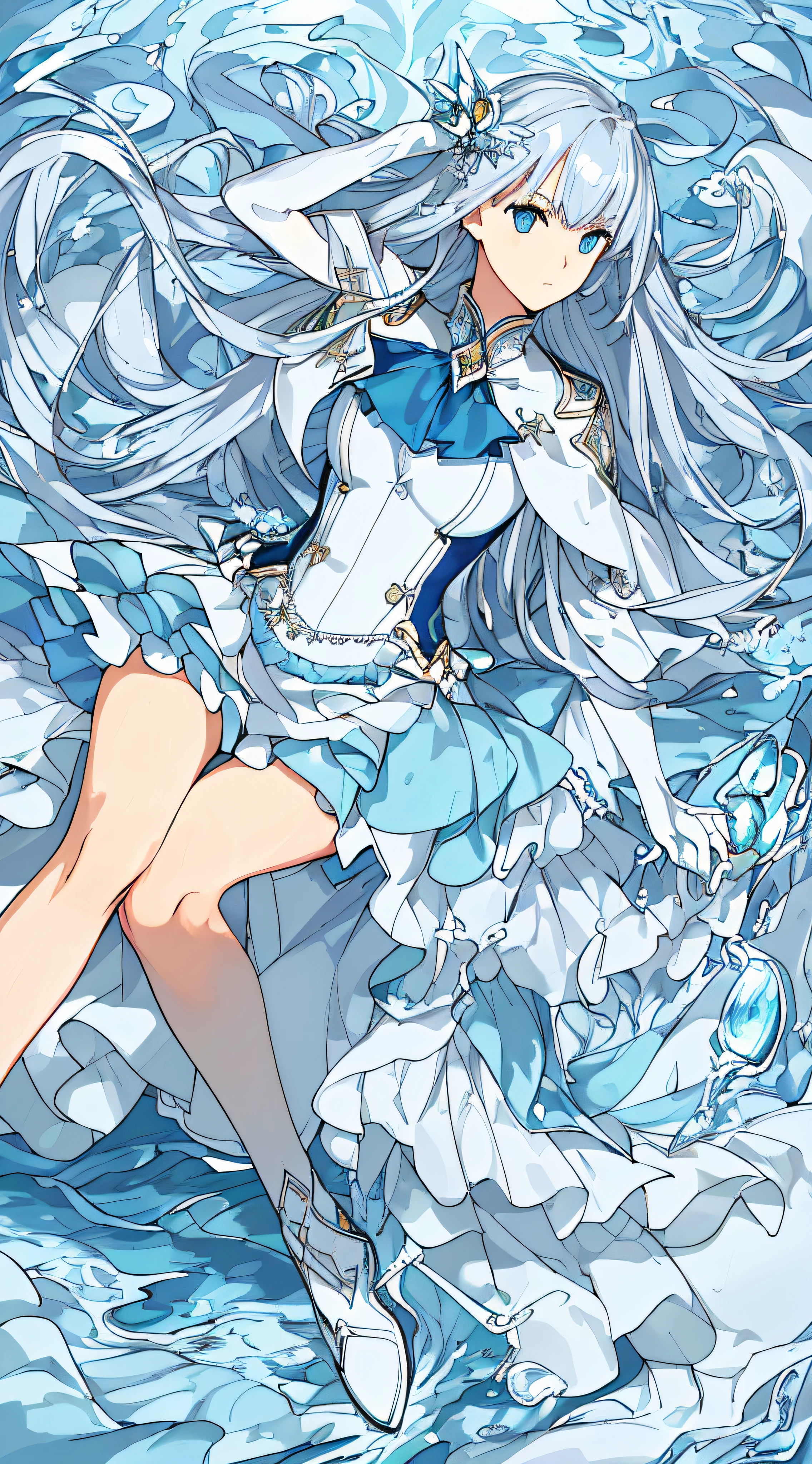 (((Masterpiece))),(((best qualtiy))),((Ultra-detailed)),(illustration),((anextremelydelicateandbeautiful)),dynamic angle,Floating,(beatiful detailed eyes),(detailedlight) (1girll), Solo,glowing light eyes,silber hair,eBlue eyes,long whitr hair, College uniforms, aquamarine,Blue background,water flowing,Marine features,