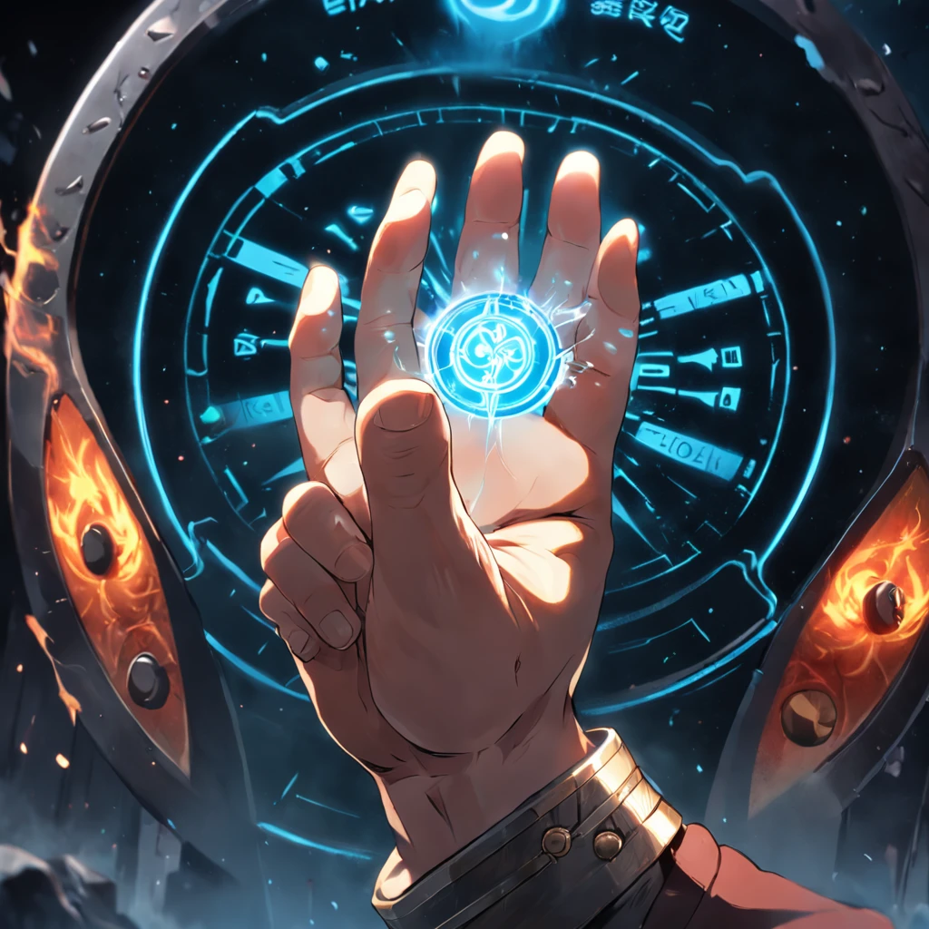 shot of a realistic Viking hand activating a holographic self-destruct button.