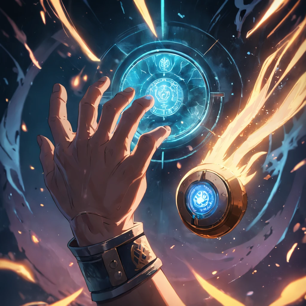 shot of a realistic Viking hand activating a holographic self-destruct button.
