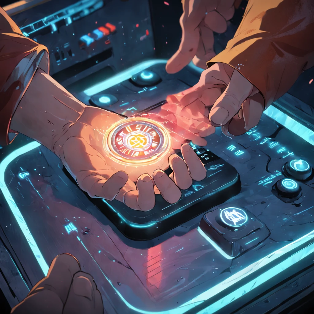 shot of a realistic Viking hand activating a holographic self-destruct button.