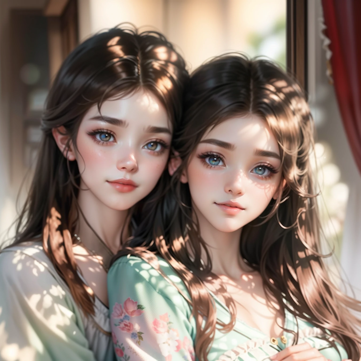 Girl with long straight black hair and brown eyes, beautiful, thin, flat, tall, girl with long straight black hair and brown eyes wearing businessman uniform, beautiful, thin, flat, tall, may be wearing businessman uniform, one with long hair, the other short woman, ((white sheer blouse, no black mini skirt)), underwear bite, sexy pose, Slender lower body, back view, gaze by the window, buttocks sticking out, on all fours, buttocks facing away, provocative