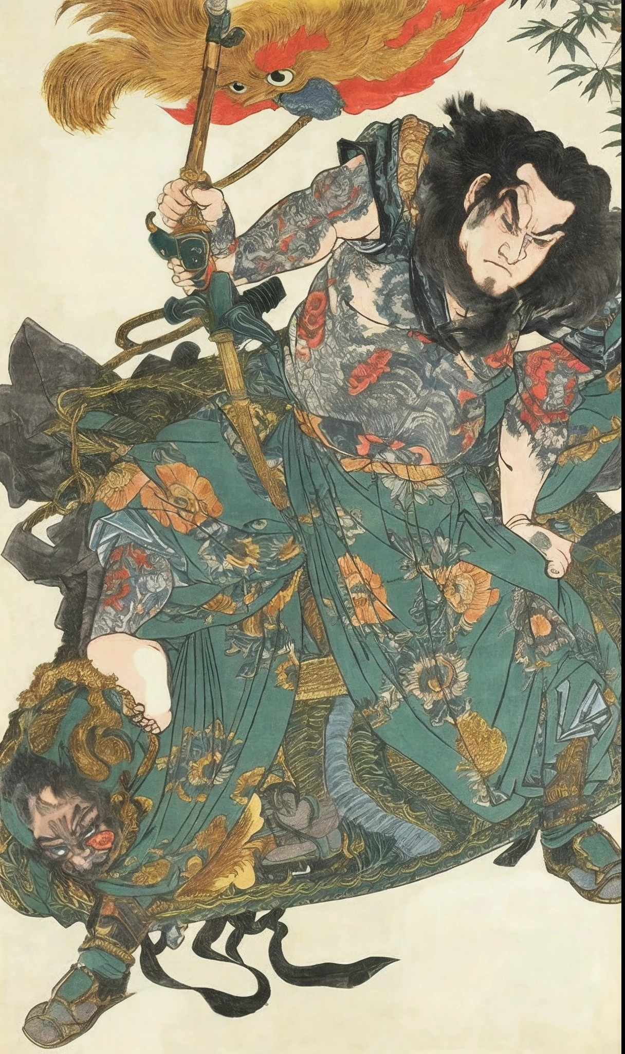 Dao Guan Yu went into battle shirtless,of a shirtless,with tattoos,long whitr hair,irate,ukiyo-style,k hd,Minimalist background,(angry look),tmasterpiece,filigree,k hd