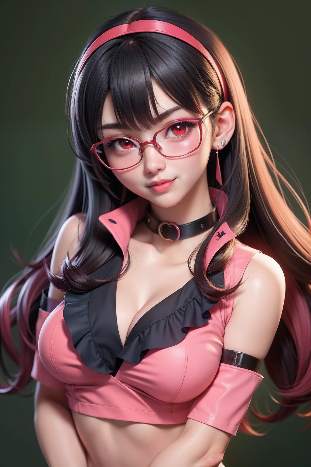 1 kawaii gamer girl, nsfw, japanese girl, solo, bright red eyes, glasses, eyelids, blush, seductive smile, naughty expression, red lips, hair bangs, smooth long hair, pure black hair, hairband, heart earings, collar, collarbone, sexy body, slim waist, navel, natural medium breast, cleavage, erotic pose, flat green background, full body, siting with hand on over head, full nude, no clothes, hide feet, horny look,