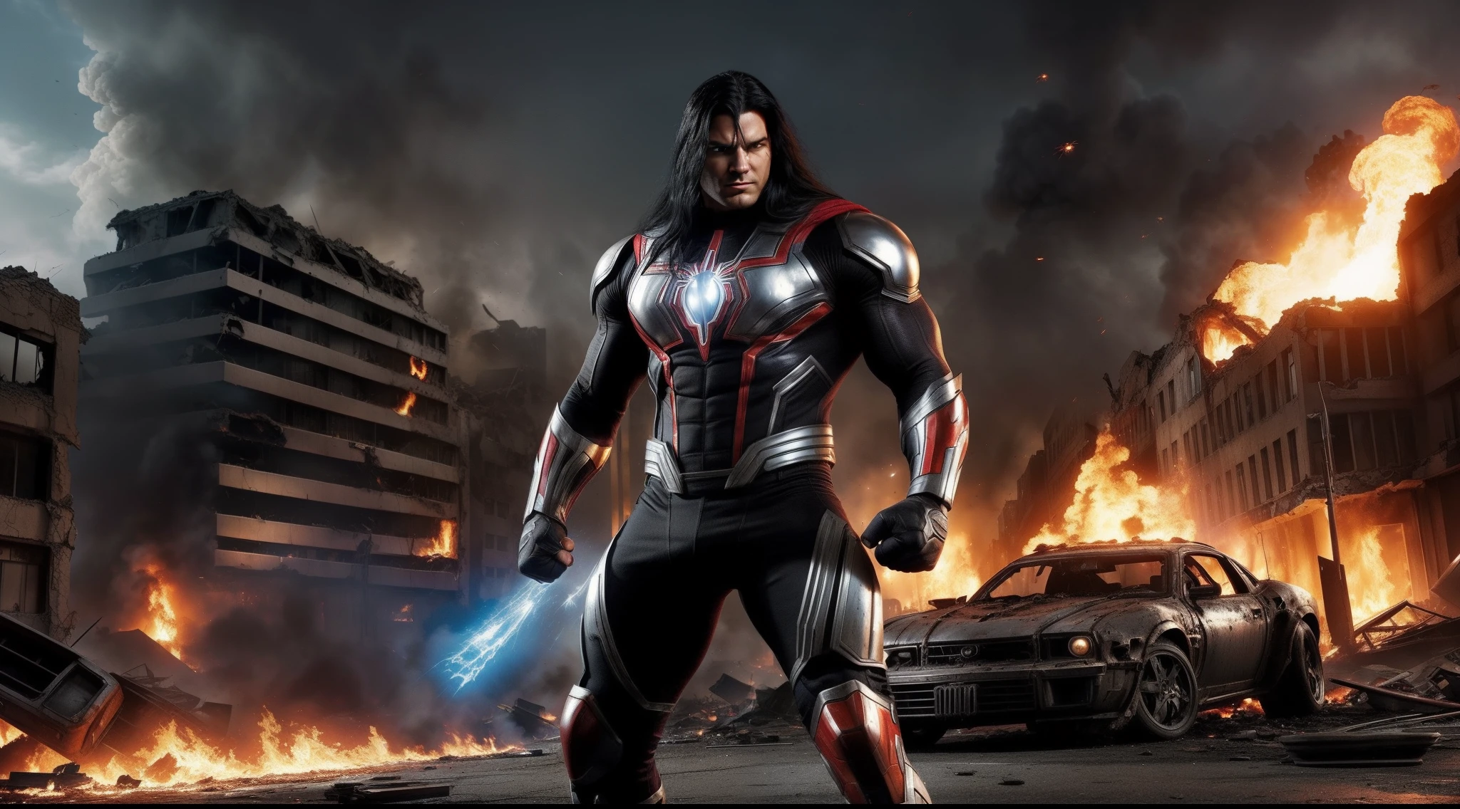 (maximum quality) man (strong superhero), (long black hair), fighting giant arachnids in a destroyed city, (born fighter), (metallic spiders attacking), metallic tech suit with blue and gray details (red round symbol chest), burning cars on decaying streets, burning buildings, crumbling buildings, shrapnel everywhere