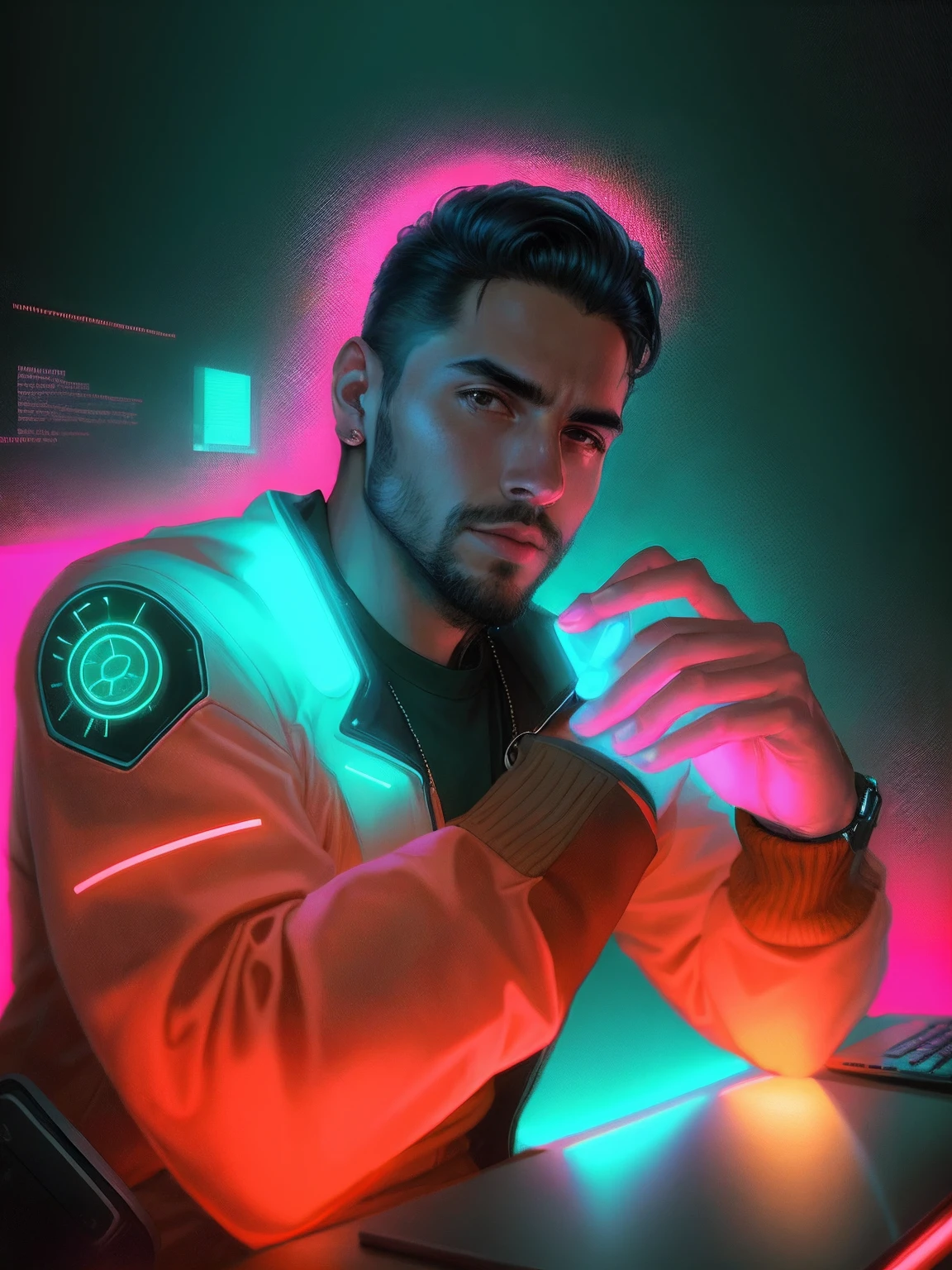 there is a man sitting on a table with a laptop, mid-transformation, original traits, homem jovem, retrato estilo cyberpunk, futurista (neon: 1.1) desgaste reflexivo, scientific fiction. artgern, arte, illustration,