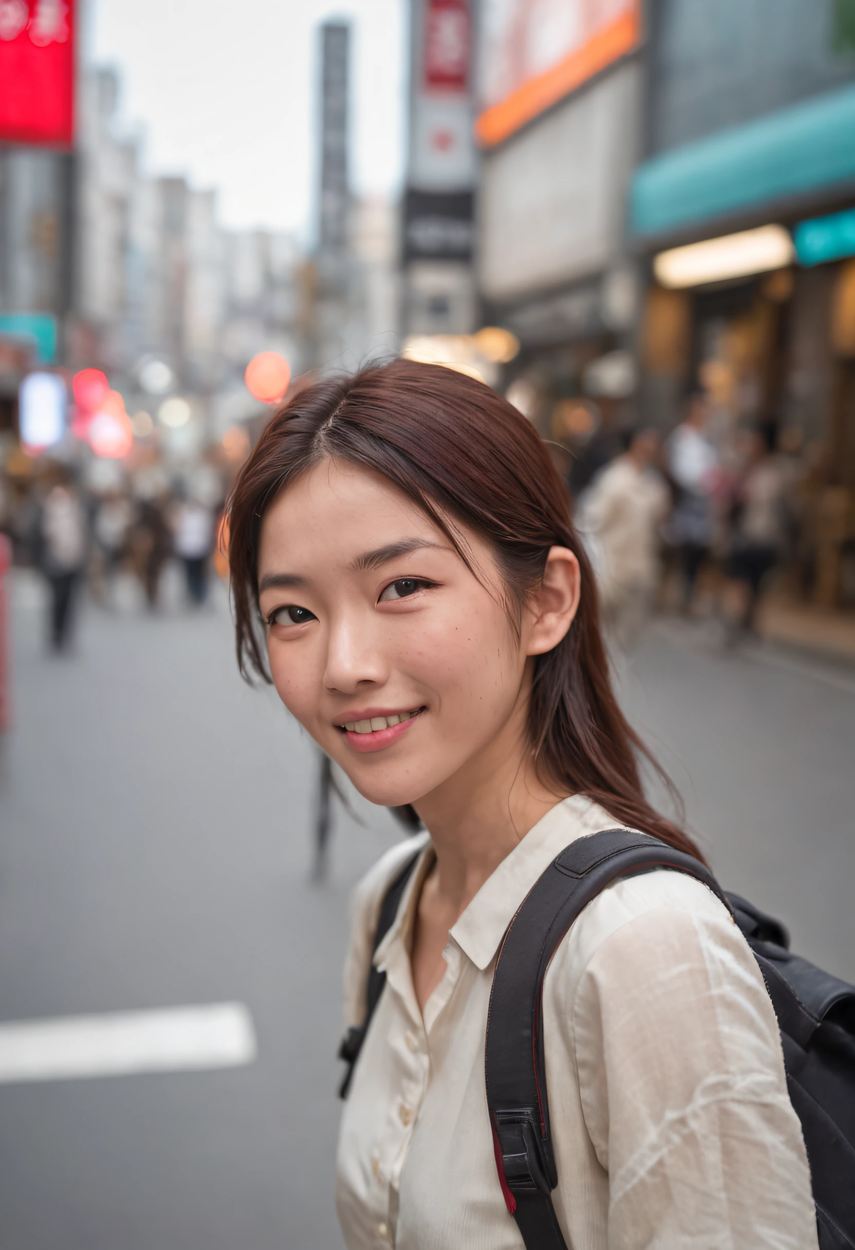 2D Japan Woman Idade21age stature158CM Neat face Casual attire Carry a rucksack Hair colormaroon Long hair Shibuya Scramble Crossing great laughter