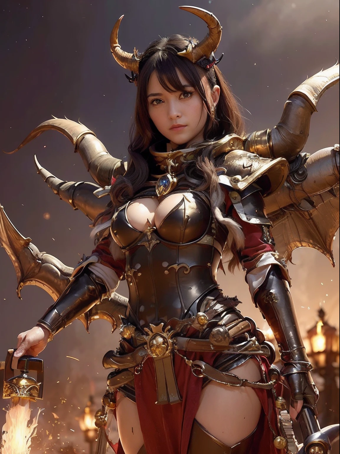 Professional , masterpiece、top-quality、photos realistic , depth of fields 、(A dark-haired) 、(Gemstone White Metal Body:1.4),(Matte Black、Jewel Gold Weapon,Gorgeous metal weapons ,Particles of light、(Fight dragons)、((Fight dragons)),(Black wings)、Mystical expression、((maikurobikini))、(( Detailed and gorgeous sword of the brave)) ,Light Effects、intense fighting、Wind-effect、magic circles、 (A dark-haired) ,Detail and ornate jewel crown、With the legendary magic wand、Dragon's tail、explosions、((maikurobikini))、((Gangle's forest background))、Beautiful Caucasian beauty、1a person、dynamic ungle,(((Details of the two demon horns on the head)))、Smaller head、A smile、Background inside the castle、Thin and beautiful female hands、cleavage of the breast、Soldier in iron armor on background、Mystical expression、Light Effects、Wind-effect、With the legendary magic wand、(wingspan)、Toostock、Anatomically correct body、
