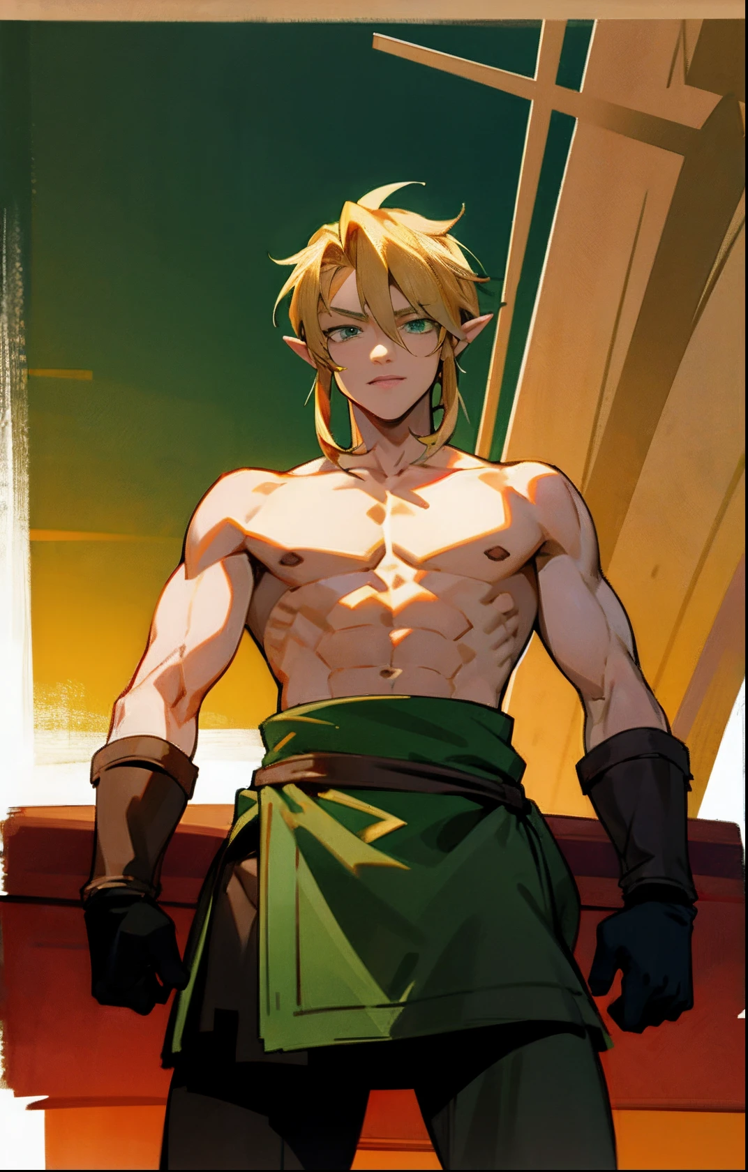 blond, tall, green-eyed guy, viking style, russian hero style, strong, anime style, anime , link, gloves, standing, topless , (muscular:0.5)(from above:0.1),(sport:0.2), (empty dojo),(smiling:0.4)