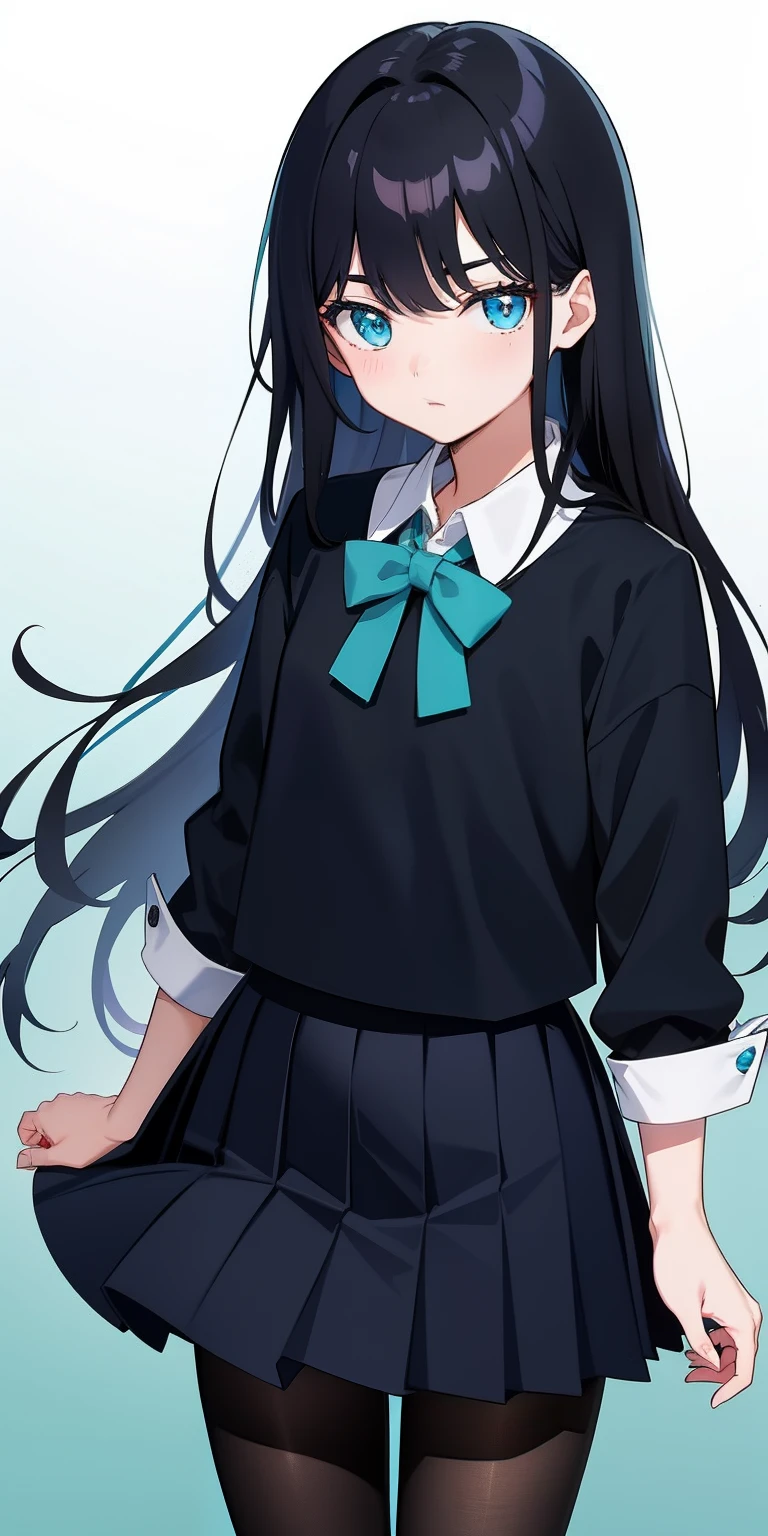 tmasterpiece、Need、Highest high resolution、Japanese high school girl、Three no girls、mano、Petite、Small chest、Dark blue top、a black pleated skirt、The slender legs are wearing dark black pantyhose、ccurateblack hair、Long straight hair, Turquoise blue eyes、white backgrounid