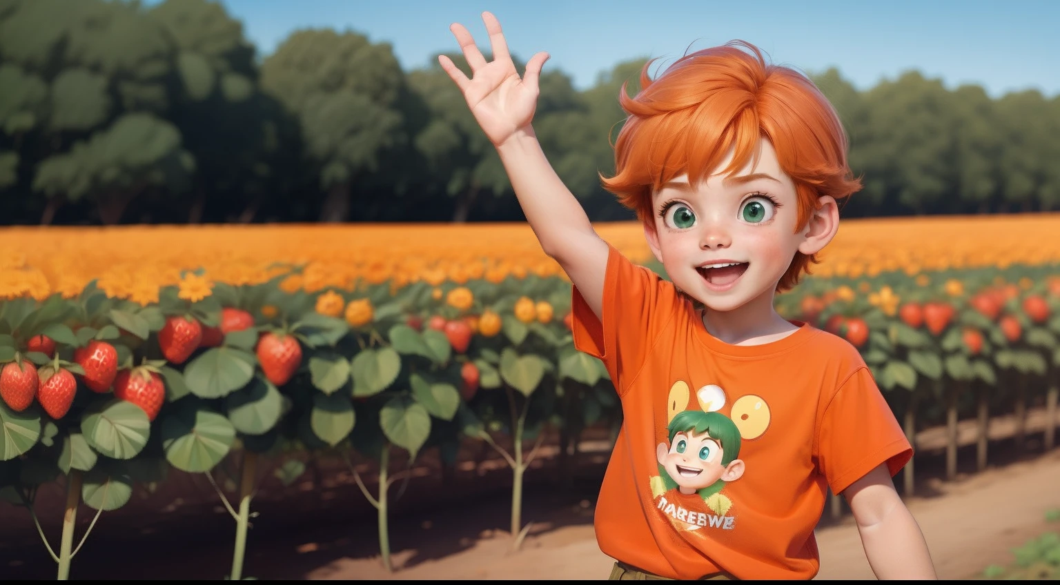 with orange hair, green eyes, orange t-shirt, waving, happy expression, in a strawberry field, Disney Pixar cartoon style.