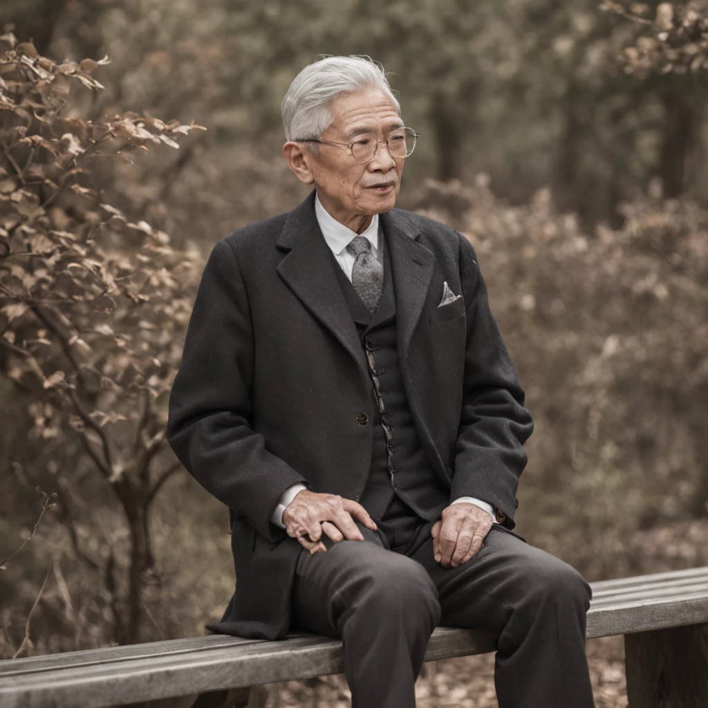 One in a suit、Gray hair、The old man with glasses sat on a bench，Holding Erlang's legs，Smoking，Riding boots stand out。