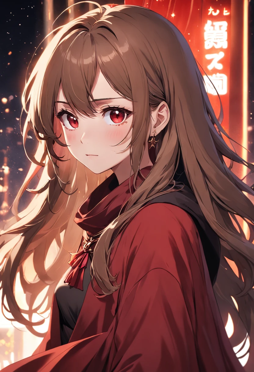 8K quality，detailed detail，1 girl，Beautiful and gentle face，light-brown long hair，Long messy hair，Long upturned hair，Dark brown godless eyes，Wearing earrings in the shape of rubies and stars around a red scarf，Layered over a black shirt，Draped in a light brown cape，The neck is wrapped in bandages，Highest image quality，Cinematic quality，the soft light，Nice atmosphere