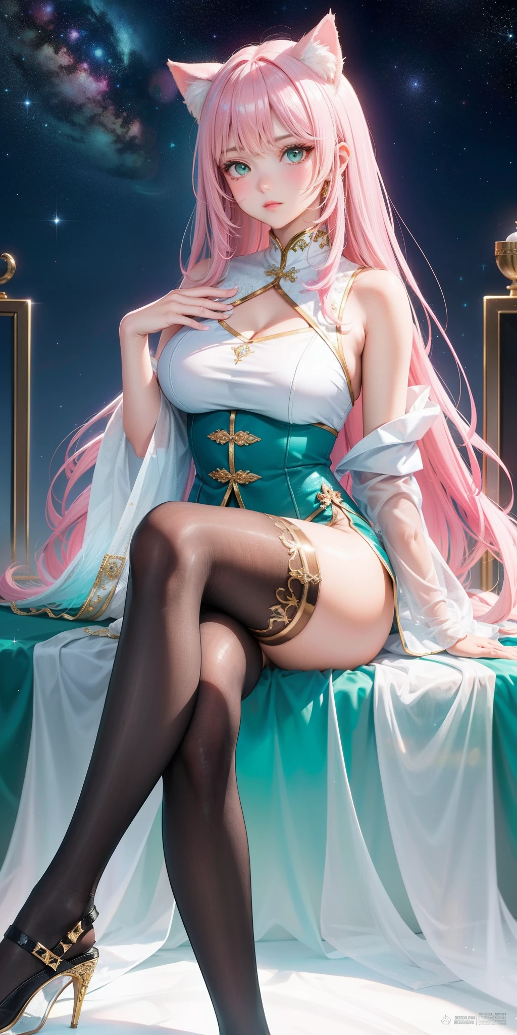 big breasts ((There is a cat girl with white pink gradient hair in the palace)), long flowing hair, emerald green eyes, light blue-green eyes, perfect cat girl of pure lust, youthful vitality, ((pretty face)), charming , heroic, cold, European and American cat girl, evil expression, blush, perfect figure, plump, mature, delicate clothes, beautiful noble clothes crystal clear makeup, face glow, clear rendering, realistic rendering, wide aperture effect, focus effect soft, shiny material, soft material, western, clear lines, realistic skin tone, realistic light and shadow effects, colored light, wavy refraction, chinese dragon, chinese mythology, skin texture, super fine image, realistic, sexy pose, magic colors, real skin, crystal clear sea water, cyberpunk, miniskirt, high heels, matching high heels, away from horizontal lines, transparent highlighting, many mirrored crystal shards, queen pose, long legs, shiny black stockings worn on legs, long leg visual effect, emphasis on leg line, extended leg proportions, long leg pose, forward leaning posture, high waist matching, foot close-up, plantar perspective, foot curve, foot detail, foot modification foot, foot contact, foo, unique creative Style, starry sky sparkle, mist, thick, natural pose, cute gestures, ((high resolution)), elevation angle, cinematic angle, backlight angle, side angle , tilt angle, contour angle, soft lighting, warm light, highlight effect, dreamy background, pastel tones , vivid colors, high-precision details, fine texture, sweet style, western style, magical special effects