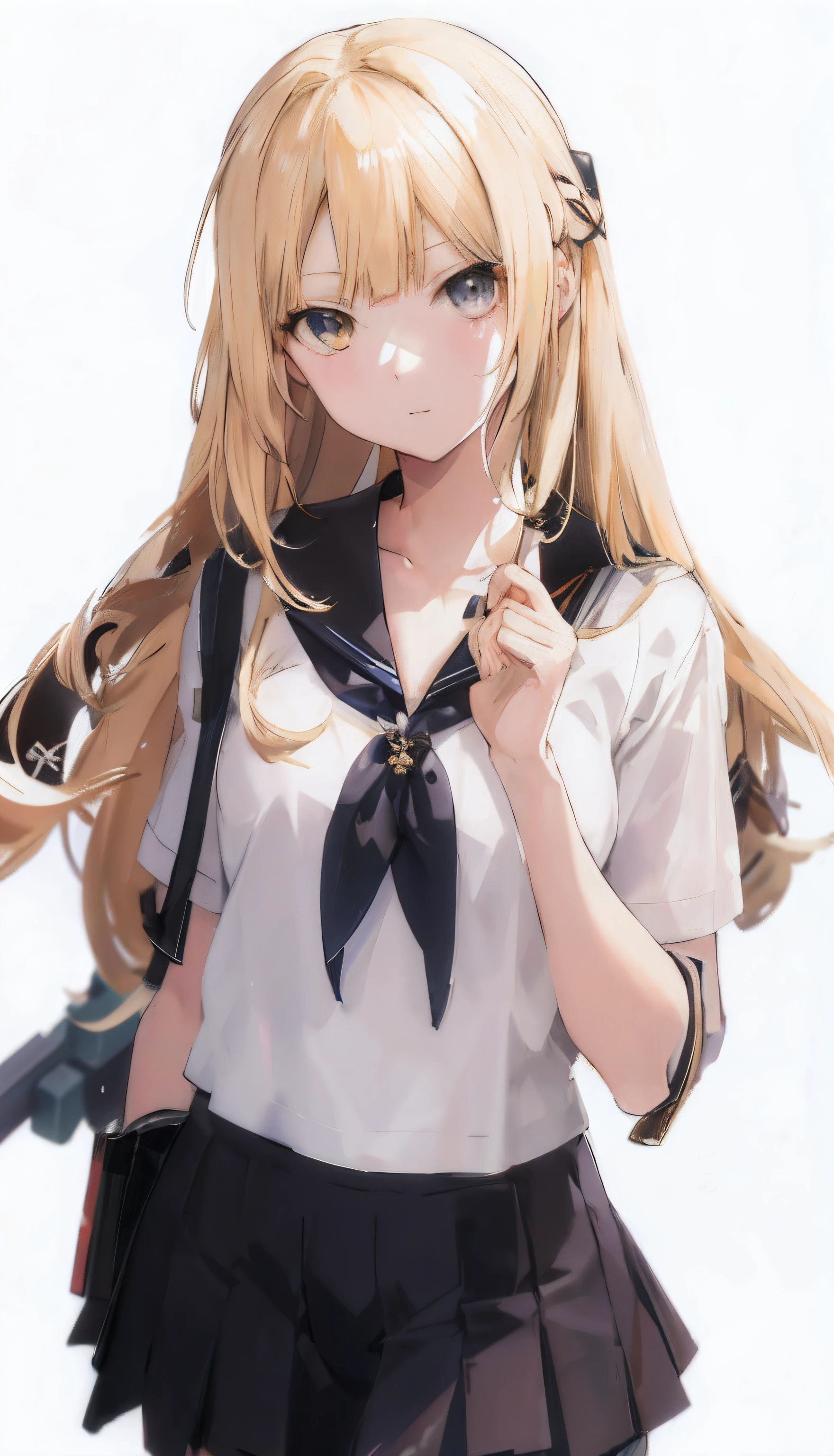 Blonde girl in short skirt and white shirt posing, Blonde anime girl with long hair, Anime girl cosplay, Anime girl with long hair, Anime girl in real life, Fine details. Girl Front, Kantai collection style, cabellos largos dorados, Beautiful Anime High School Girls, Surrealism female students, from girls frontline, Surrealism female students