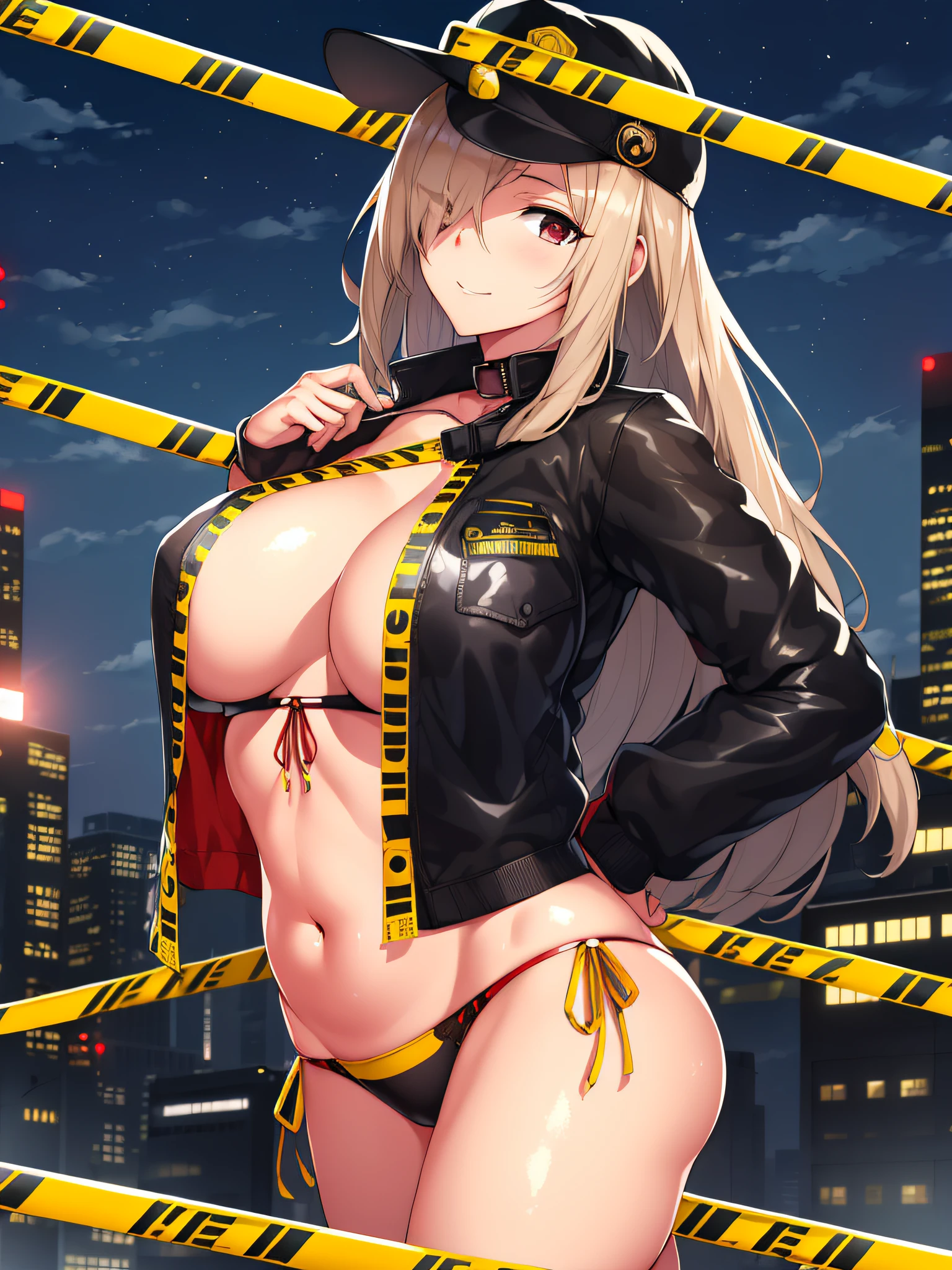 masutepiece, Best Quality, Highly detailed, Cowboy Shot, Portrait, text saying "Do not cross" 1girl in, Police Woman, Large breasts, Petite, Black jacket, (beltbra:1.2),(caution tape:1.3), deep skin, Skindentation, Break down the city, alleyway, Red_And_Blue_A light, (police_Car:1.2), siren, syota_Scene, Night, Dark theme, ty), (Clouds), Add_detail:1, hair over eyes, Hair over one eye, Colossal tits, Tits, Hyper Maximum Size_breasts!! with the type of boobs_melons,