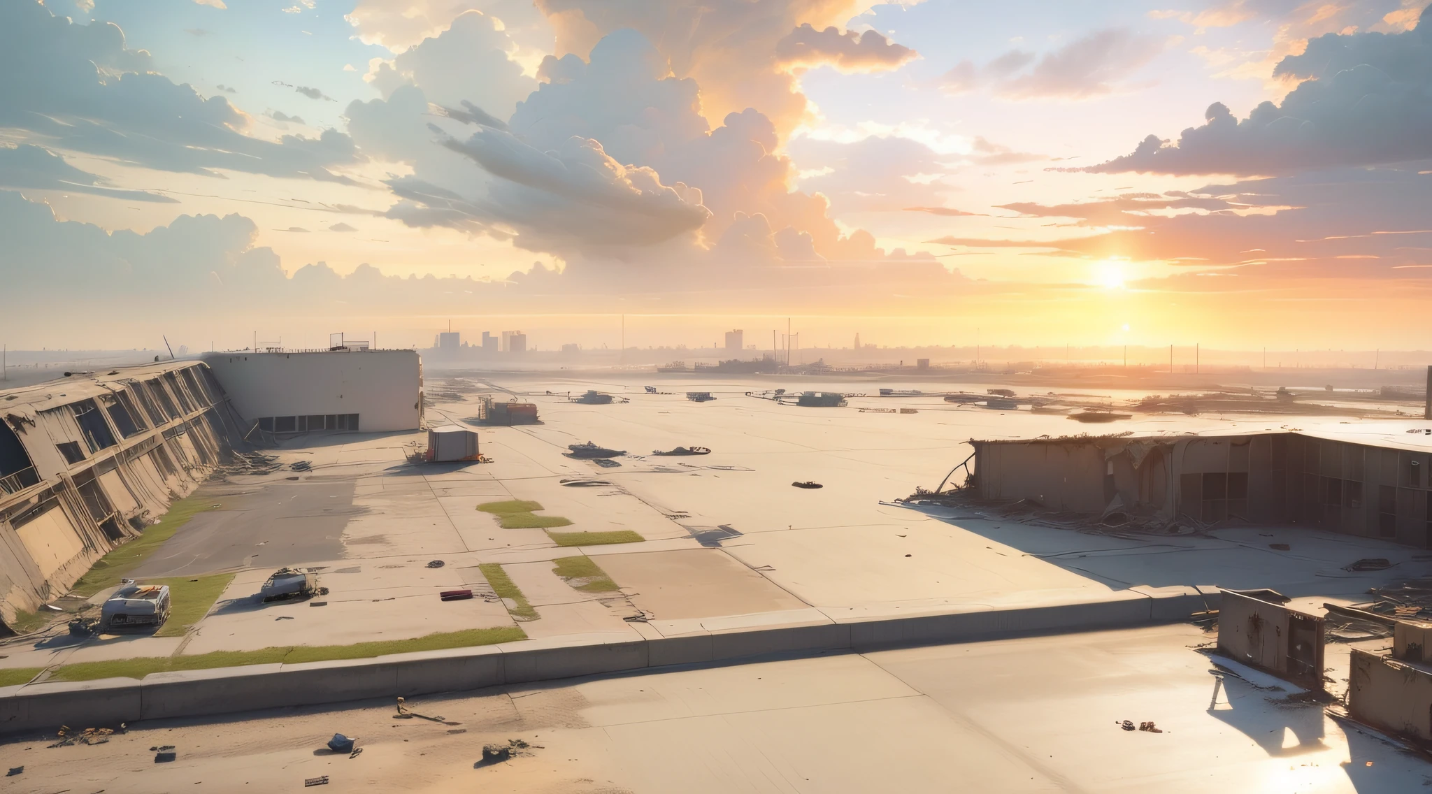 50 meters from an aerial view,Latter-day world,Dilapidated buildings ,Sunshine at 6 p.m,Contre-Jour ,Broken terminal,The wreckage of the plane is on the runway of the airport,There is no complete plane,complexdetails,Virtual Engine,Movie lighting,8k,High-definition large image,