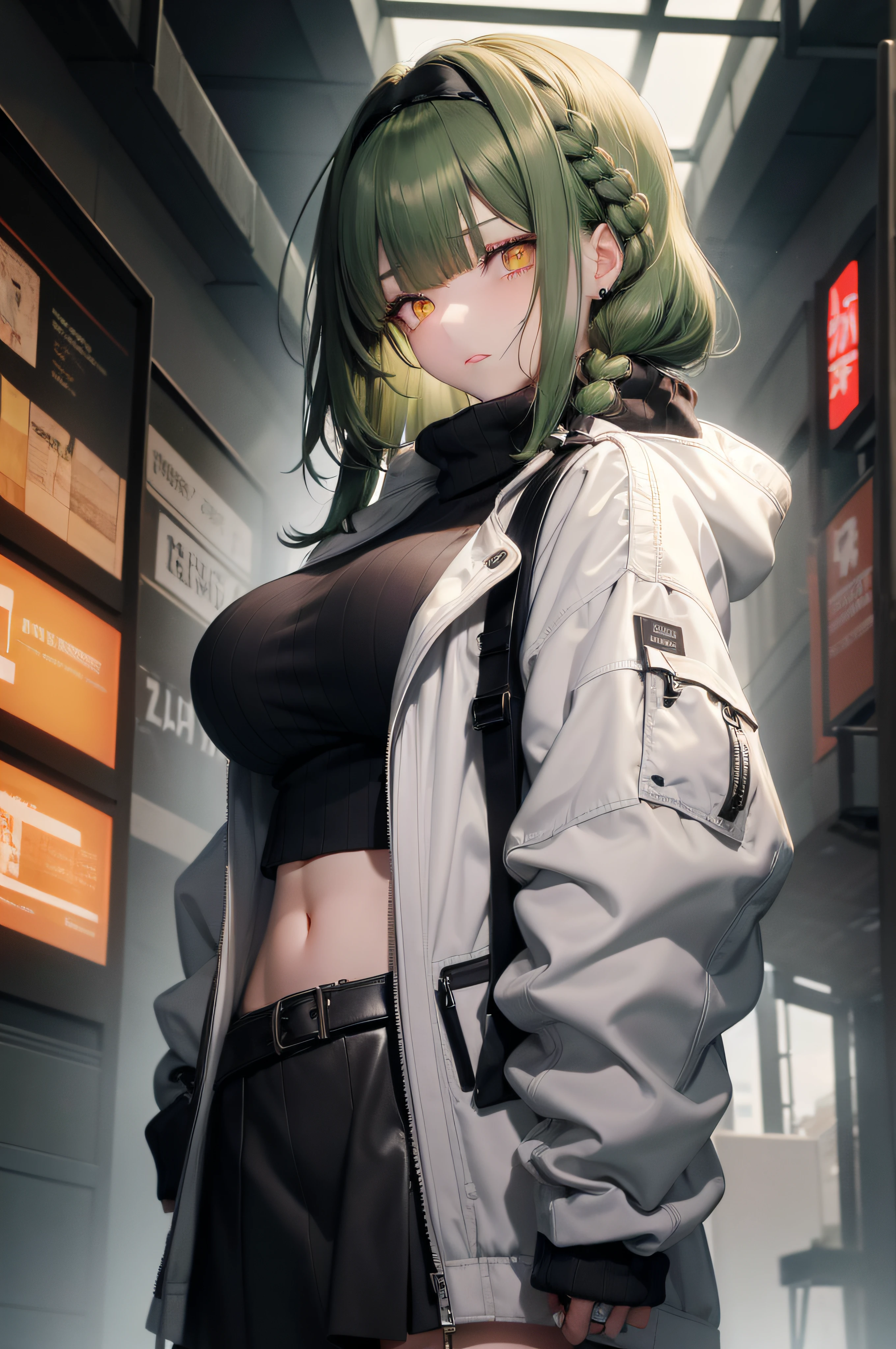 Dark green hair, ((Amber eyes:1.2)), Jitome, deadpan, scowl, sulking, Blunt bangs, Bangs, ((Side braid))、Stop bangs with a headband、Hanging、wearing oversized_Jacket、((White jacket))、wearing sweater、a short skirt、a navel、Colossal tits、Cyberpunk Girl、Young features、submachine gun