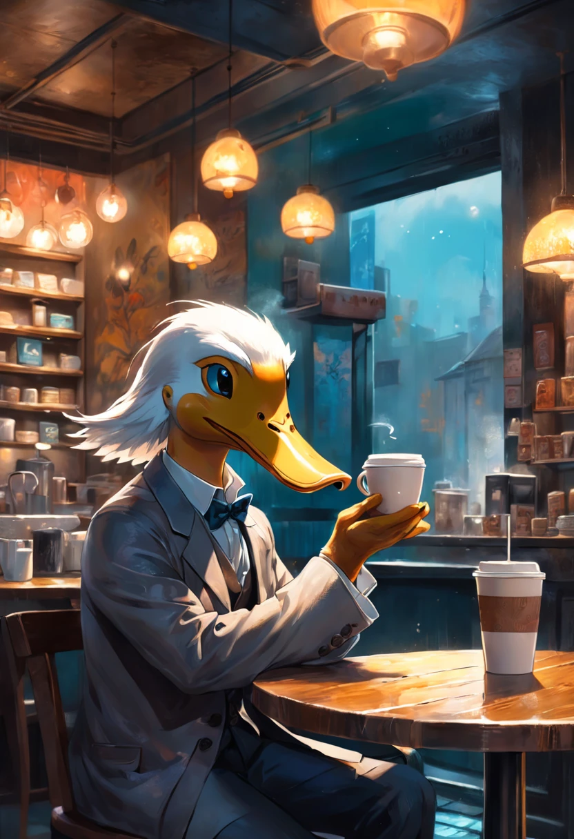 a humanoid duck drinking coffee at a coffee shop, art by [Esao Andrews]
