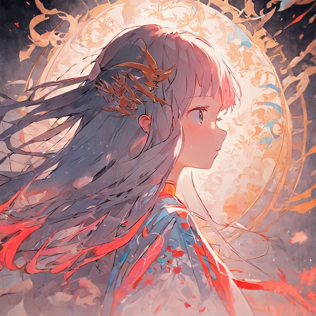 (White background:1.4),(Silhouette of a girl's head, eyes closed, colorfull long hair, Oriental elements),(Chinese painting:1.3,Paper art:1.3, Quilt paper art:1.2),( Reasonable design, clear lines, high sharpness,Best Quality, Very detailed, Masterpiece, movie lighting effects, 4k )
