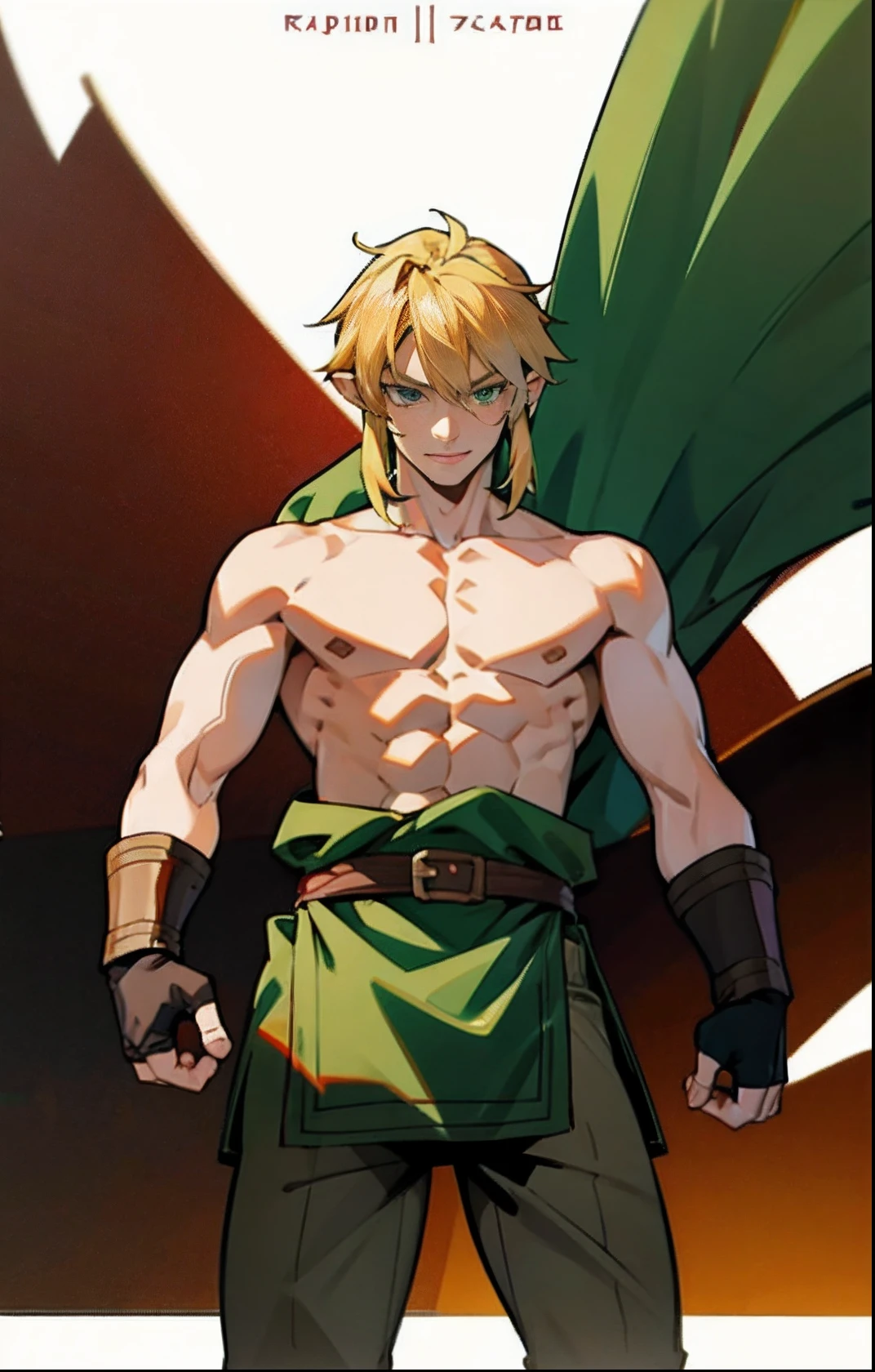 blond, tall, green-eyed guy, viking style, russian hero style, strong,  anime style, anime  , link, ( fingerless gloves), standing, topless , (muscular:0.5)(from above:0.1),(sport:0.2), (empty dojo),(smiling:0.4)