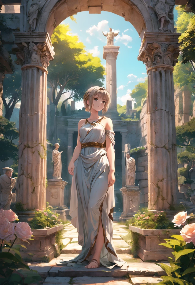 The best quality, high resolution, Detailed 4K CG, Masterpiece,There is a statue of a man in the garden，There are flowers inside, Ancient Roman style, Ancient Roman environment, ancient garden behind her, Ancient Rome, beautiful aesthetic, Ancient Roman style, ( ( Ancient Roman ruins ) ), Huge pillars and flowers, beautiful ancient garden behind, Beautiful image, 废墟, Rome style, Roman environment, Beautiful ancient ruins in the back, Roman monuments