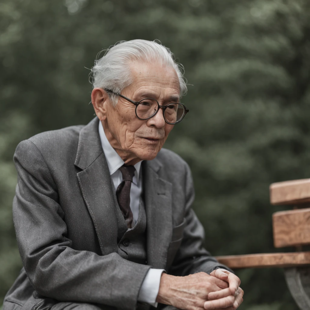 One in a suit、Wear rain boots，Gray hair、The old man with glasses sat on a bench，Holding Erlang's legs，Smoking。