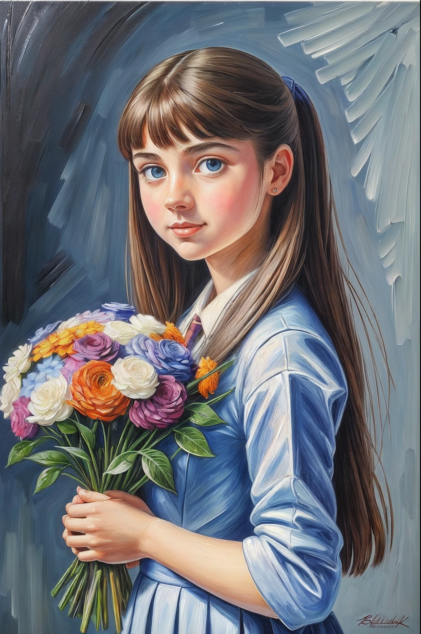 1Russian schoolgirl with a bouquet of flowers in her hands, in a gray school uniform, straight hair, slight smile, expressive eyes, On the shoulder is a school bag, walks on the way to school (( Стиль Brian-Bolland)), September Nature, ((Impasto painting)), ((Best Quality, tmasterpiece)), ((Perfect anatomy of the body)) grotesque, Complicated details, chilling, (aesthetics), excitement, Hyper-realistic, insanely detailed, impressionism:0,5, extreme hight detail, 8K