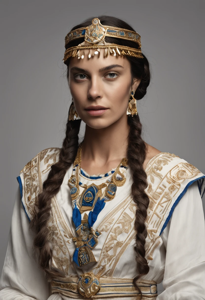 Head and shoulders portrait of a Greek woman, 25 years old, with high cheekbones, Almond-shaped eyes, A straight nose, full pouty lips, and olive skins, Wearing a traditional white dress,There is intricate embroidery on it, A blue and white belt decorated with the Greek flag, and a gold headdress with a delicate floral pattern, Stand in front of the deep blue waters of the Aegean Sea, Front view, Ultra-realistic, Hyper-detailed, digital photograph, Features soft natural light, 50mm lens, F1.8 aperture.