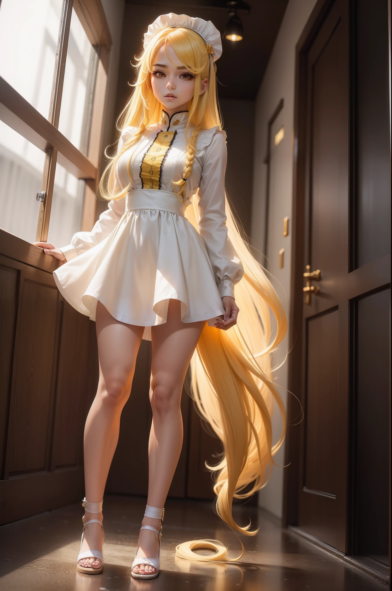 one girl , yellow long anime styled hair , dragon hydera based , age is 22 , height of 5.6 , weight of 56 , model body , white skin , anime maid outfit,