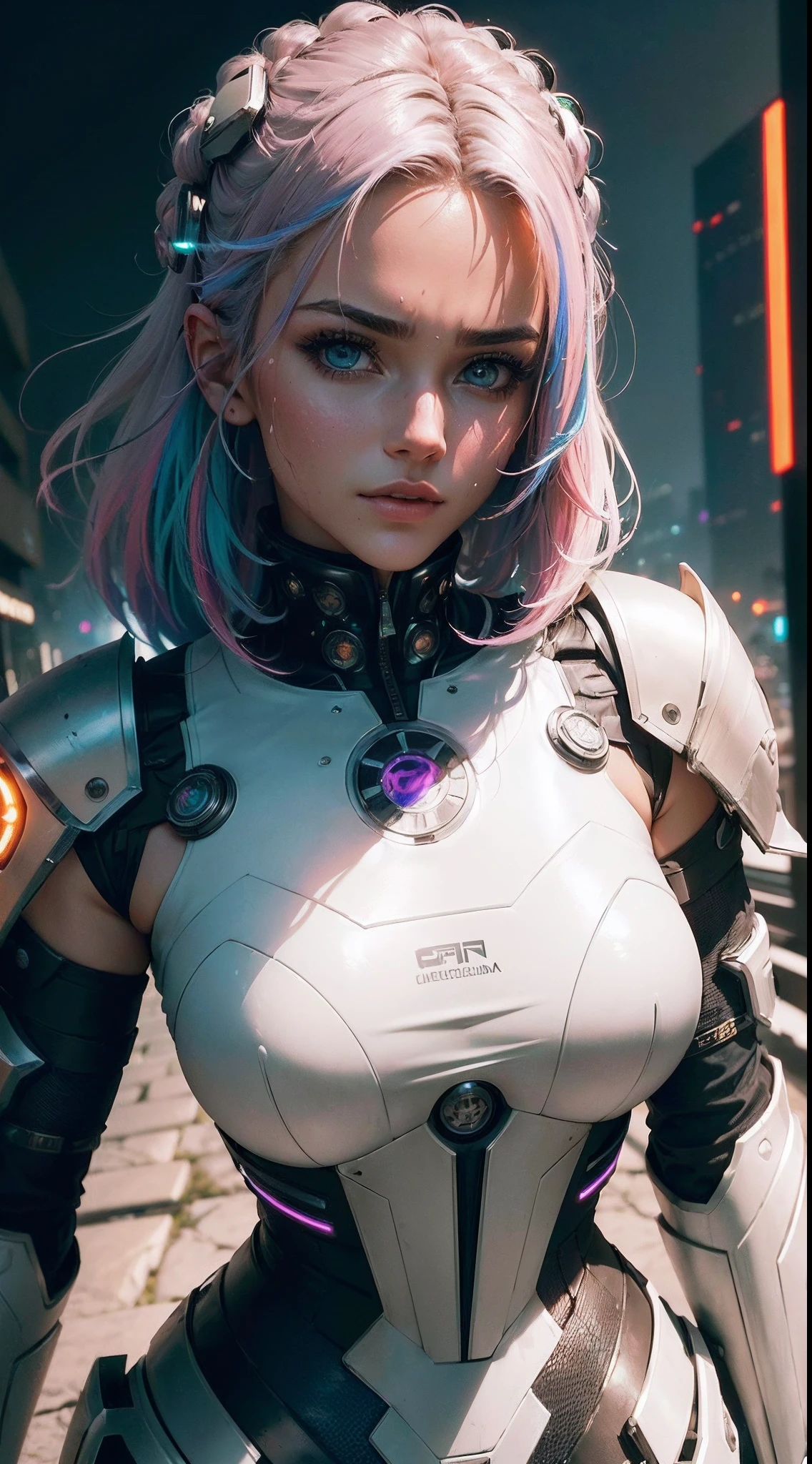 ((best quality)), ((master part)), (circunstanciado:1.4), Photograph of a beautiful cyberpunk female, (wearing soft organic armor), (cabelos longos e disformes multicoloridos), ((retrato em close-up extremo)), (Visualizador voltado), (Profundidade de campo), octan render, (Cinematic lighting),rule of thirds,8K BRUTO