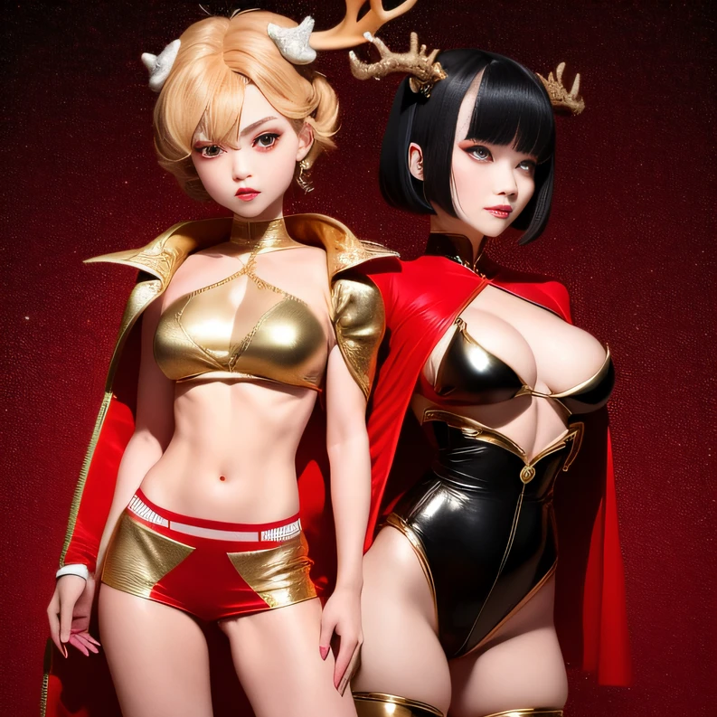 short detailed hair,In a chic,Gold antler close-up, Red and black cape,Coarse cloth tattered overalls,Water vapor female spy,Rouge complexion,Sauna buttocks mist jelly flat chest,Golden wire fish net knee pads space jump,Top view,Wear boxing gloves,extremely happy,He Xiaotong