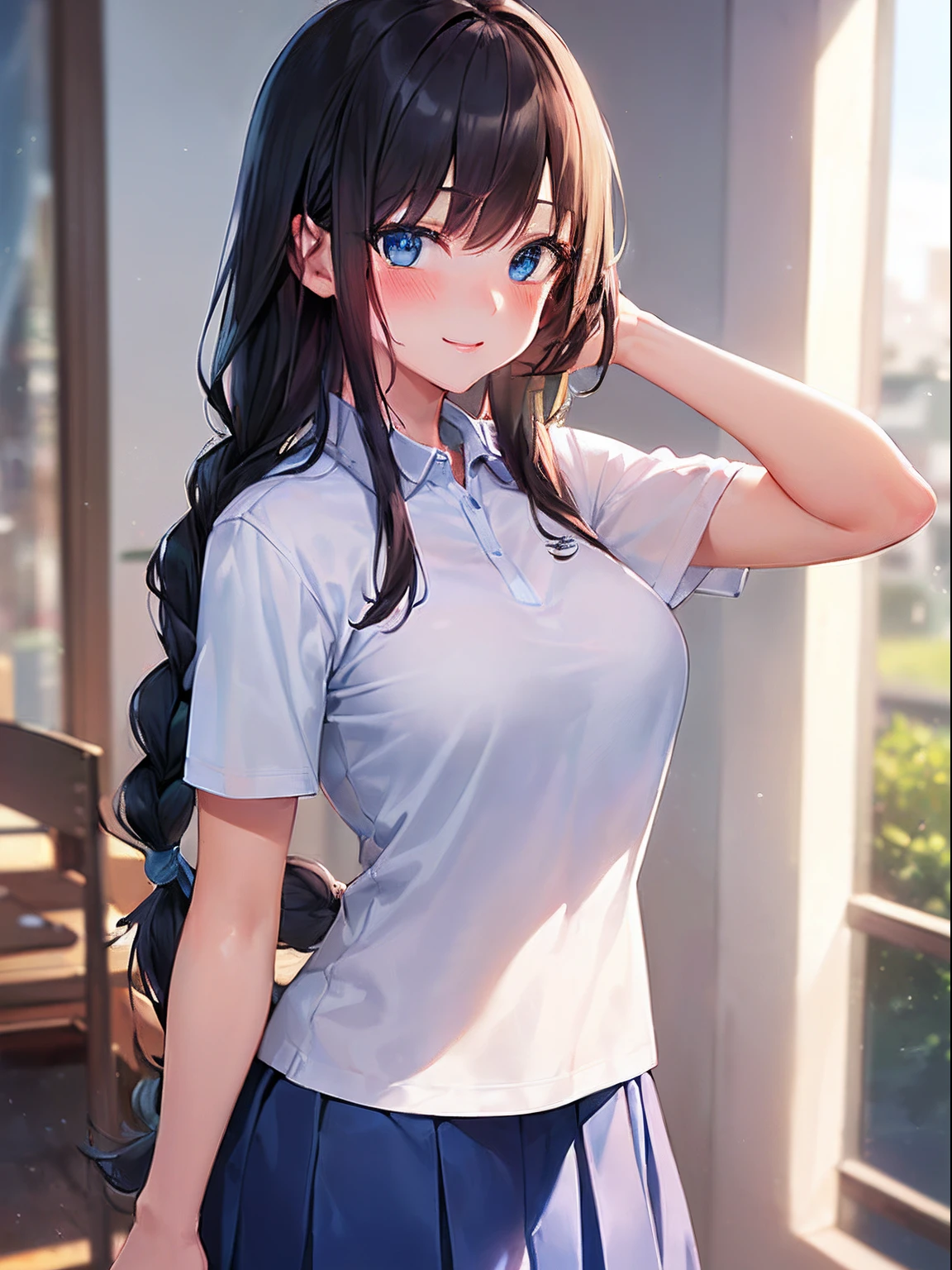 (((Clean, Masterpiece, Best quality, Professional, highly detailed, HD,HDR,UHD,16K))), mature and sexy young woman, solo, big boobs, black long hair, (fishtail single long braid:1.1), bangs, expressive eyes, seductive eyes, (blue eyes:1.5), perfect face, seductive smile, (blush:1.3), (White Polo Tshirt:1.25), (Medium-length Skirt:1.3)