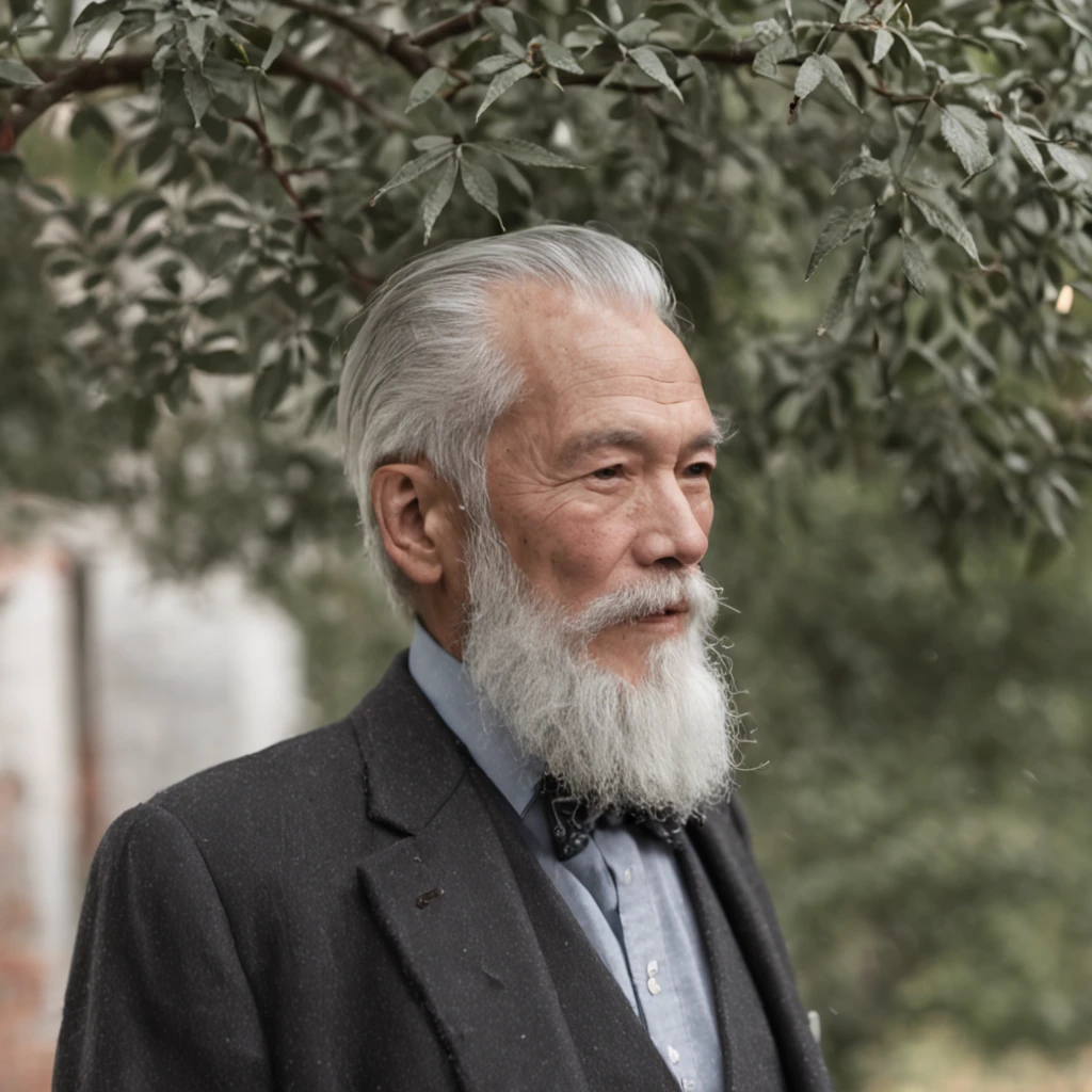 An old man with a beard，dressed in a suit、Wear rain boots，Gray hair、standing under a tree，Smoking。