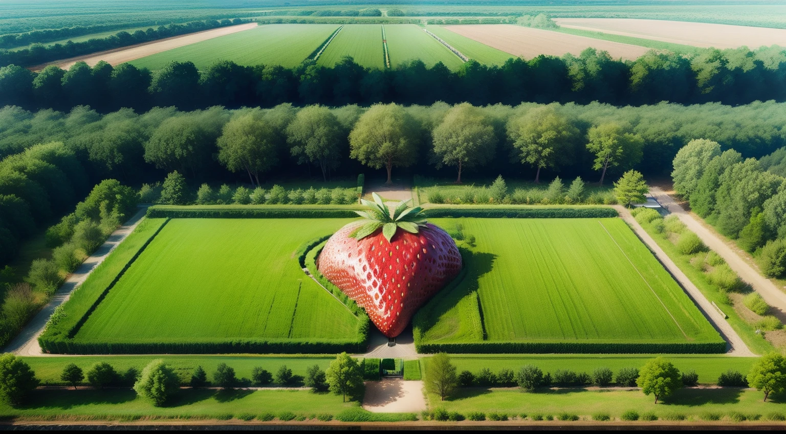 strawberry field,seen from above, style of a Disney Pixar cartoon