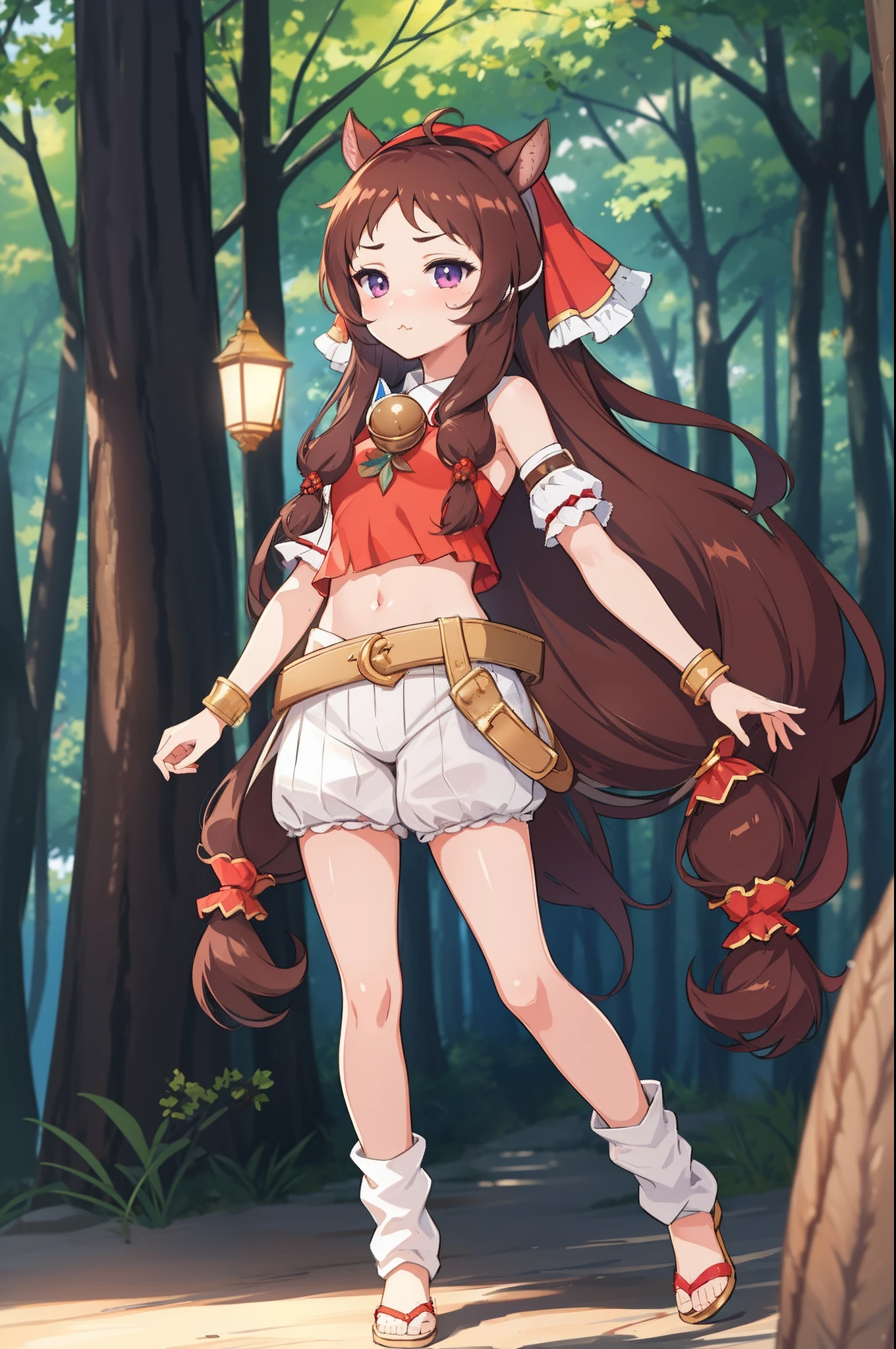 masterpiece, best quality, (colorful), (delicate eyes and face), volumetric light, ray tracing, extremely detailed CG unity 8k wallpaper, rin, brown hair, very long hair, head scarf, squirrel tail, (red crop top:1.1), detached short sleeves, white shorts, bracelet, pout, crossed arms, looking at viewer, simple background, full body standing, flipflops,