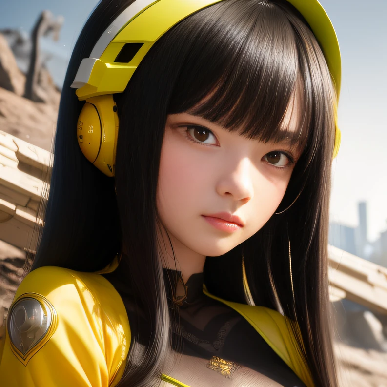 Highest image quality，Outstanding details，超高分辨率，（Fidelity：1.4），The best illustration，Favor the details，Highly cohesive 1girl，He has a delicate and beautiful face，Dressed in lemon-yellow mechs，wearing a mech helmet，Hold the direction controller，Ride on a heavy motorcycle，Lunar soil background