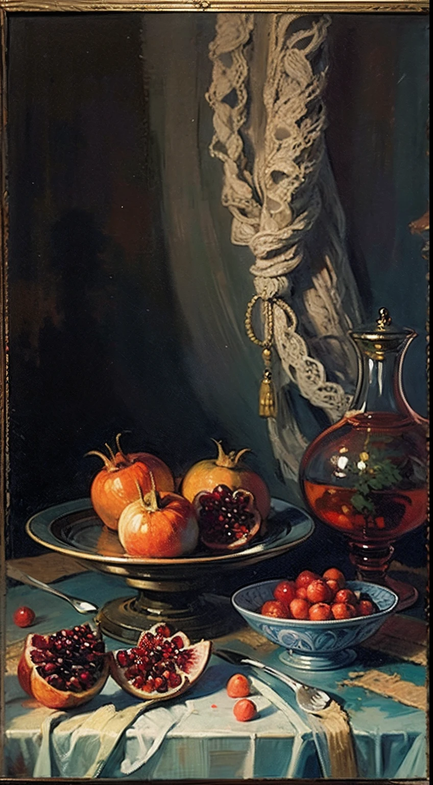 oil painting still life,  in the historical interior environment, darkened room, cinematic lighting, contrast lighting, pomegranates on a table, dark draped fabric