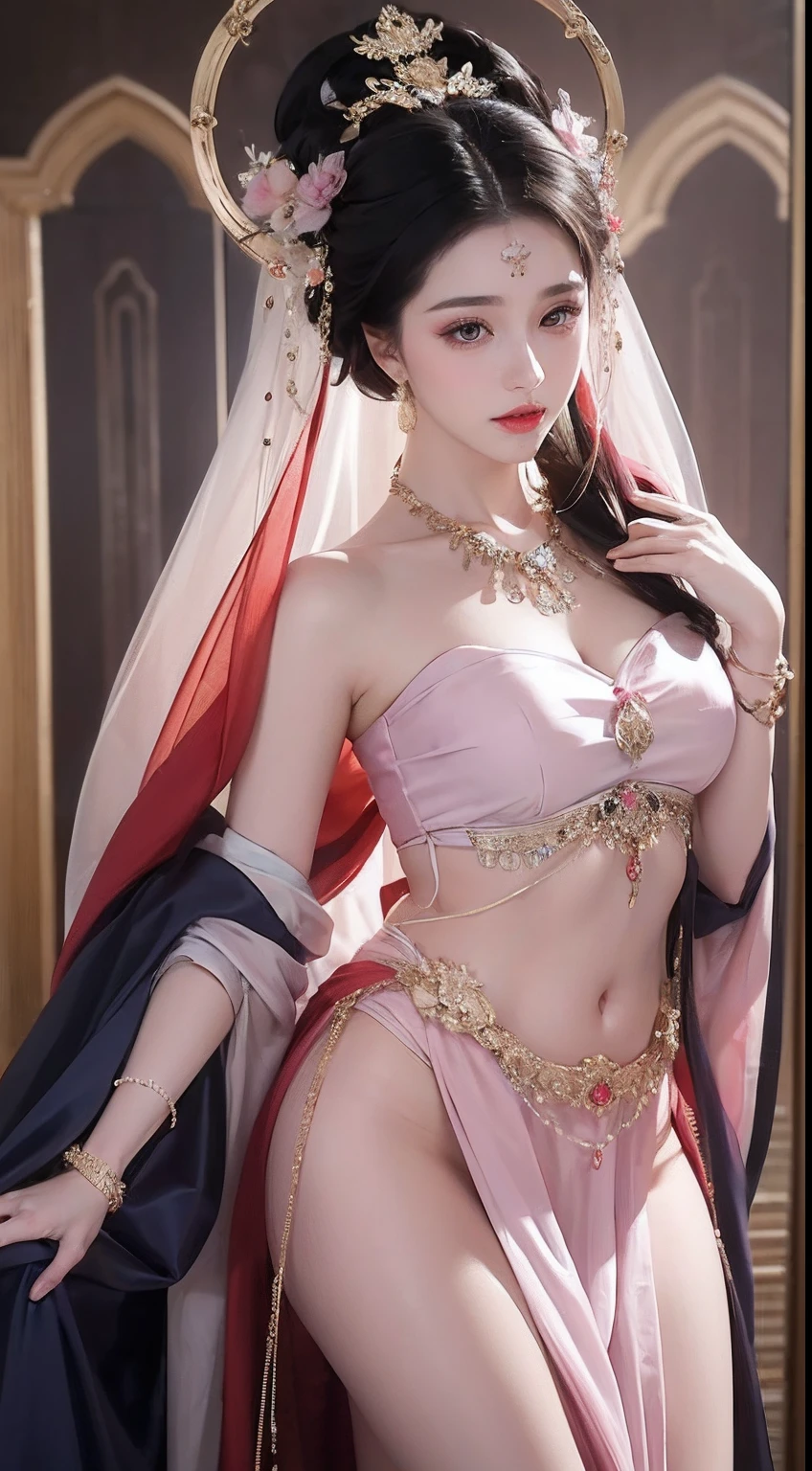 1 20 year old girl, 1 Goddess Athena, Pink purple silk dress, The beautiful goddess Athena had no blemishes on her face, Delicate yellow dressing gown, Beautiful sequin long nightdress,Paired with lots of sexy black lace details, 1 Thin red silk cloth half veil, The legend of the female saint, Female saint idol, Beautiful goddess style glitter, Dark and mysterious version, Zhu lips, Plump red lips, Without smiling, Mouth closed, Exquisite and beautiful Pino details, Delicate and beautiful lip details, , (Pure and flawless face: 1.9), Female saint body, Round chest, Big and round breasts, Phoenix brooch, Changping bangs, (7 colors of rainbow color: 1.9), Tattoo of piebald on the forehead, Beautiful clear face and well-proportioned eyes, (transparent yellow eyes: 1.8), (Big round eyes and makeup, Sexy wet eye makeup, Very beautiful and delicate hair makeup, Delicate long blonde hair, Delicate, Body image: 1.8), figure: vivid vibrant, (The stars that make up the sky: 1.7), (The sky of heaven and the door of imaginary time and space: 1.8), Fictional art, RAW photos, hanfu photos, best photos, high resolution, Best quality, best photos, Best goddess quality, 8K women, Super 8 Single Saint Portrait, truest color scheme, Masterpieces, Best Beauty Brand, The best hair accessory, Live-action photos of the brand, Dark Studio, Border light, Two-tone lighting, (Rose white skin: 1.4), (High skin detail: 1.1), 8K Ultra HD, d DSLR cameras, Soft light, 8K, High quality, candid, The volume is smooth and sharp, 10x pixel increase, Sexy goddess, Sexy goddess, (background space: 1.8), (The most beautiful aurora eye: 1.7), Beautiful eyes, The aurora is beautiful and in full bloom, (Beautiful single girl: 1.8), (More details:0.8),